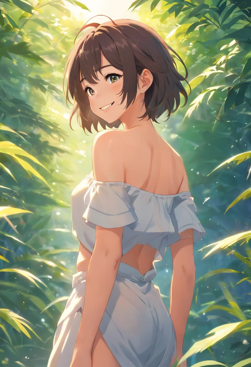 best quality, masterpiece, ultra high res, photorealistic, 1girl, offshoulder, smile naked