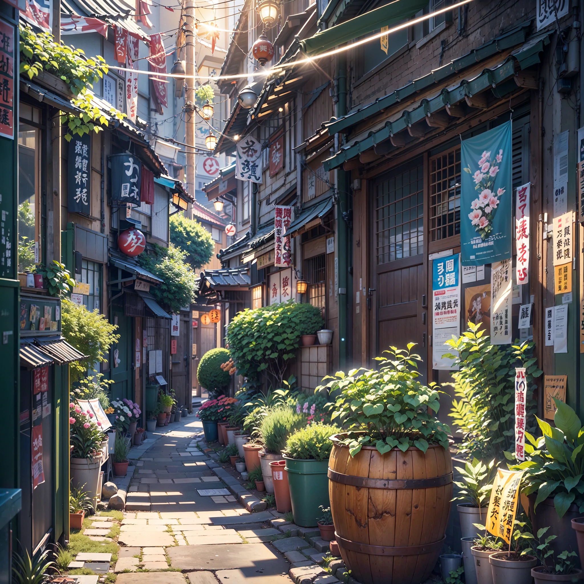 high detail, anime, anime style, sparkle, cinematic lighting, god rays, glowing light, reflection light, close-up, lens flare, masterpiece, high details, best quality, super detail, high quality, anime background, anime wallpaper, sunny weather, bright blue sky, dramatic lighting, narrow japanese urban alleyway, japanese shop signs, japanese signs, japanese banners, banners, plant pots, plants, trees, grass, cobble path, trash cans