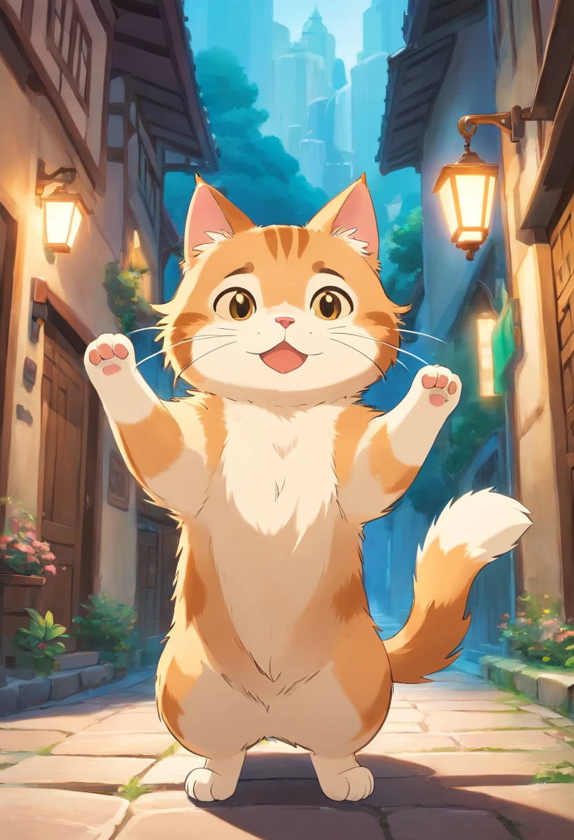 A 2D chibi character of a light brown European cat with white chest with the pose of waving