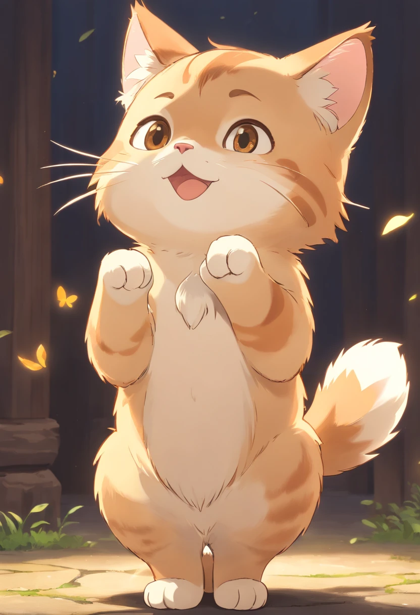 A 2D chibi character of a light brown European cat with white chest with the pose of waving
