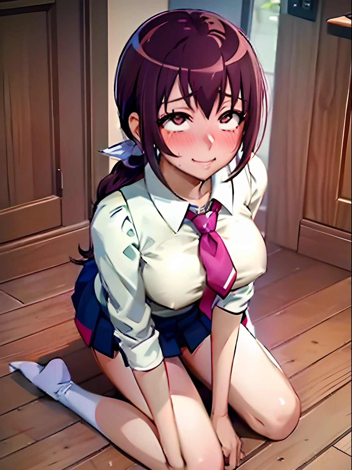 masutepiece、masterpiece、top-quality、Beautuful Women、Extraordinary beauty、White shirt、Short pleated skirt、(Pose of the crotch)、panthyhose、neck tie、Colossal tits、teats、short-cut、A dark-haired、Nasty smile、beauty legs、1人の女性、full of sweat、red blush、(Miyukino Hoshizora's School Uniform)、insertion into the crotch、Puddle under your feet