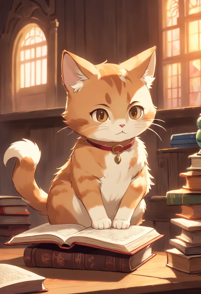 A 2D chibi character of a light brown European cat with white breast reading a book