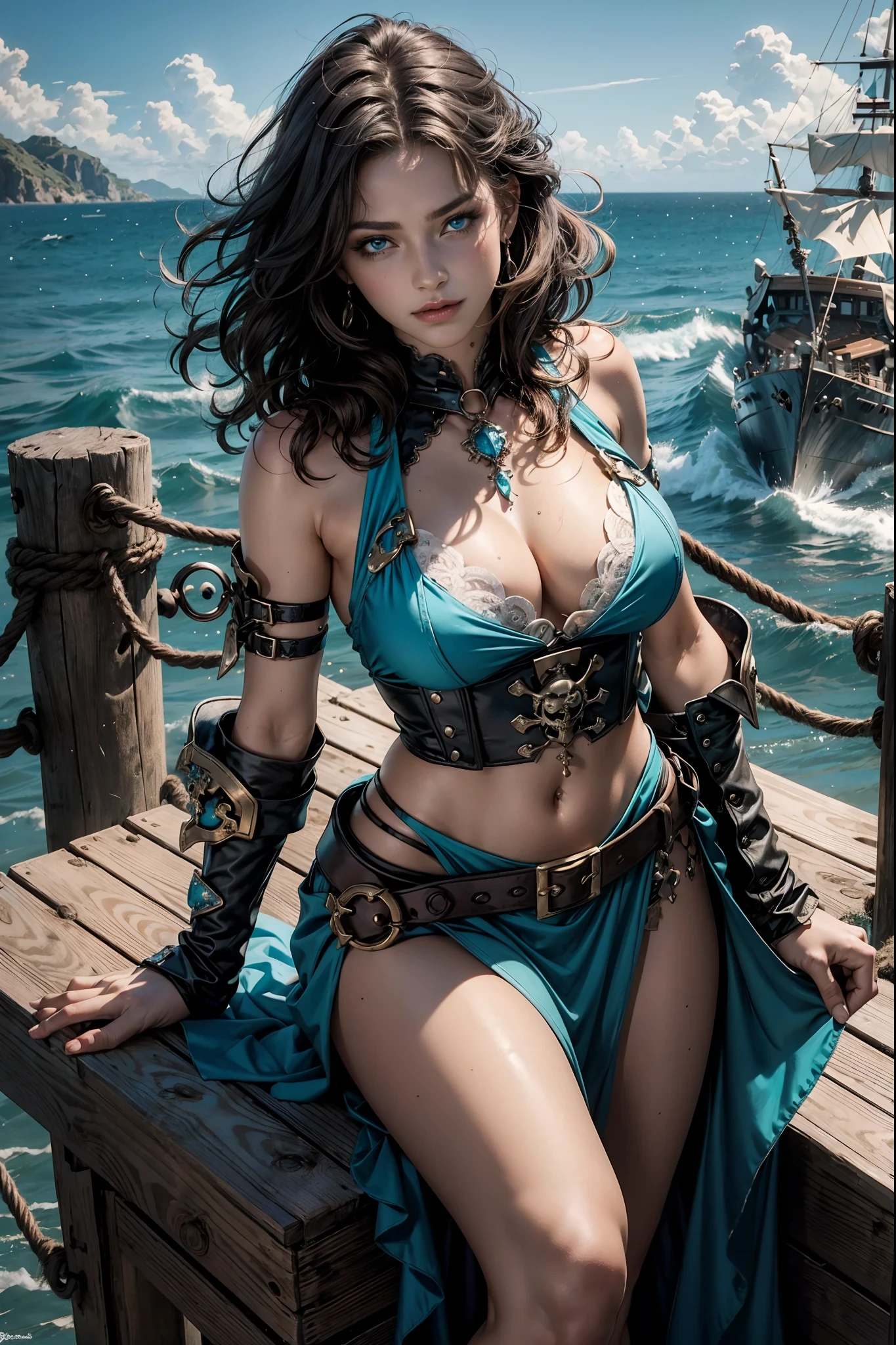 Gorgeous pirate girl on a pirate ship at sea, sexy girl, short curly dark blonde hair, oily skin, sexy masterpiece, best quality, highest quality, high definition, highly detailed, 8K, athletic and fit body, naughty, perfect hands, detailed hands, perfect eyes, detailed eyes, flirty, sexy, realistic, HDR, UHD, dynamic, large boobs, cleavage, intricate details, skimpy pirate clothes, piercing blue eyes, bright aqua blue eyes