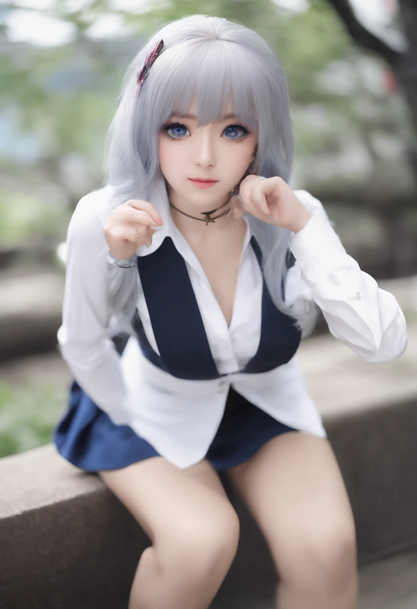 Female in her 20s, Front view, beautiful, ultra realistic concept art, blueish grey hair, Naked nude , Sit on a chair and lean back,, Large screen with full-body view, Wet body, Stick out your chest, Spread your legs wide apart, sexy smile, Crotch pov, (Angle from above:0.3), white jacket