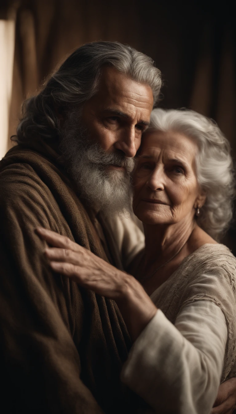 Velho de 75 anos, barba branca, cabelos brancos,Embraced with 70 year old woman, Biblical characters from the New Testament of the Bible,