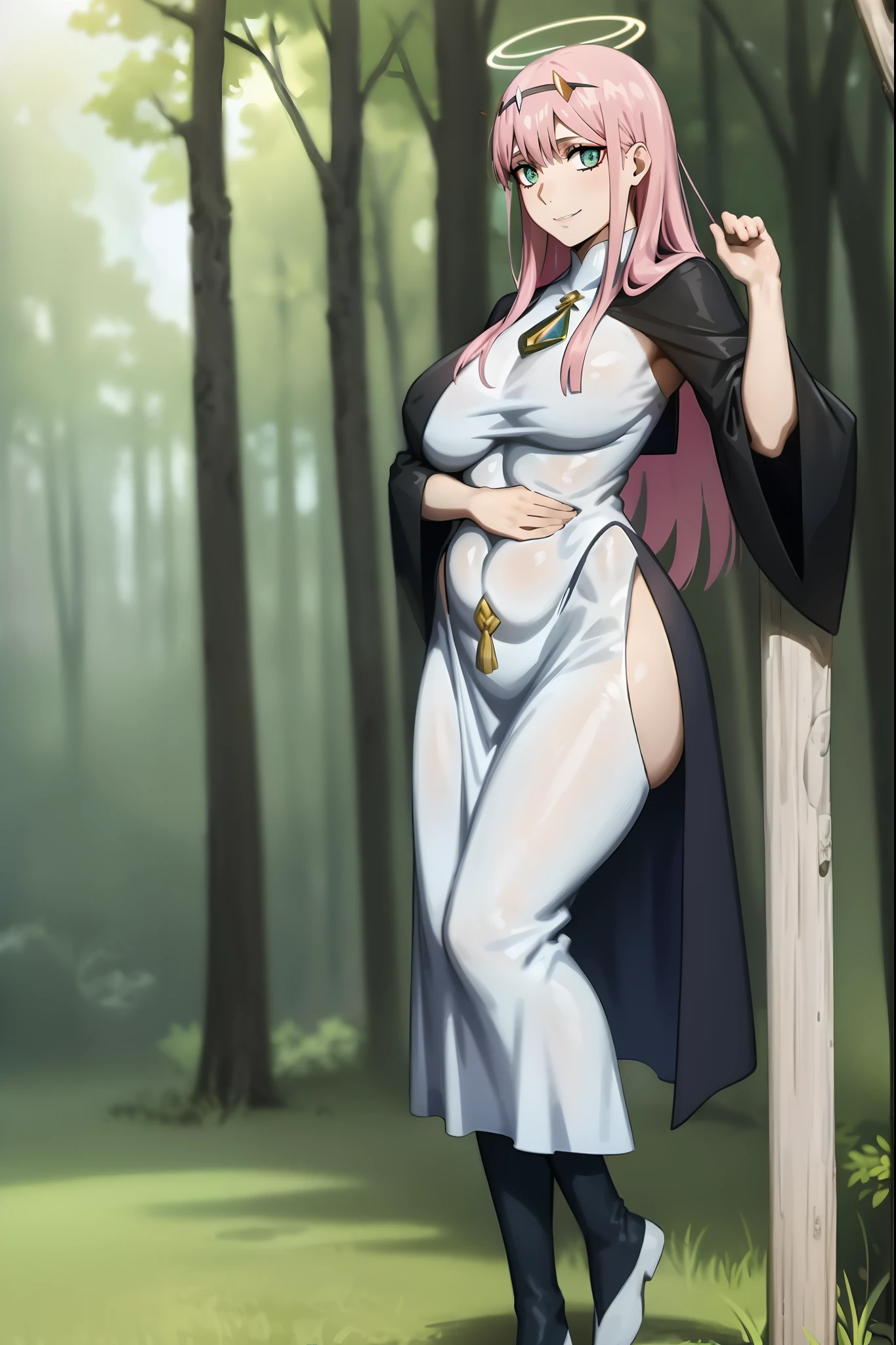 Zero Two, dress, sun halo, holy, smile, medium breast, priestess, full body, walking, divine aura, sun halo, solar halo, long skirt, porcelain skin, ethereal, graceful movement, flowing golden hair, radiant beauty, enchanting gaze, serene expression, soft sunlight, angelic presence, celestial atmosphere, mystical background, celestial light, glowing halo, gentle breeze, ethereal glow, captivating aura, divine radiance, natural beauty, sublime elegance, heavenly charm, peaceful countenance, harmonious surroundings, ethereal grace, mesmerizing presence, transcendent allure, magical serenity, serene and majestic, radiant happiness, heavenly enchantment, delicate features, elegant posture, celestial maiden, otherworldly presence, serene and ethereal, divine embodiment, celestial being, spiritual tranquility, mesmerizing beauty, ethereal goddess, radiant purity. Preparing SeaArt Bot Txt2Img Default 21:19:45, green eyes, white robe, large skirt, long skirt, longeyelashes, solid circle eyes, light smile, ear blush, fang, Surrealism, drop shadow, anaglyph, stereogram, tachi-e, pov, atmospheric perspective, 8k, super detail, ccurate, best quality, best quality, high quality, super detail, anatomically correct, retina, UHD, masterpiece, high details, award winning, highres, textured skin, ccurate, venus body,medieval clothing, dark atmosphere, ornate details, dim lighting, dramatic shadows, mysterious aura, intricate lace patterns, porcelain skin, bewitching gaze, elegant posture, majestic presence, flowing silhouette, gothic architecture, candlelit hauntingly beautiful, enchanting presence, ethereal ambiance, alluring expression, intense sensuality, exquisite jewelry, supernatural allure, captivating aura, sensual curves, full body, boots, happy, smile, boots, standing pose, black cape