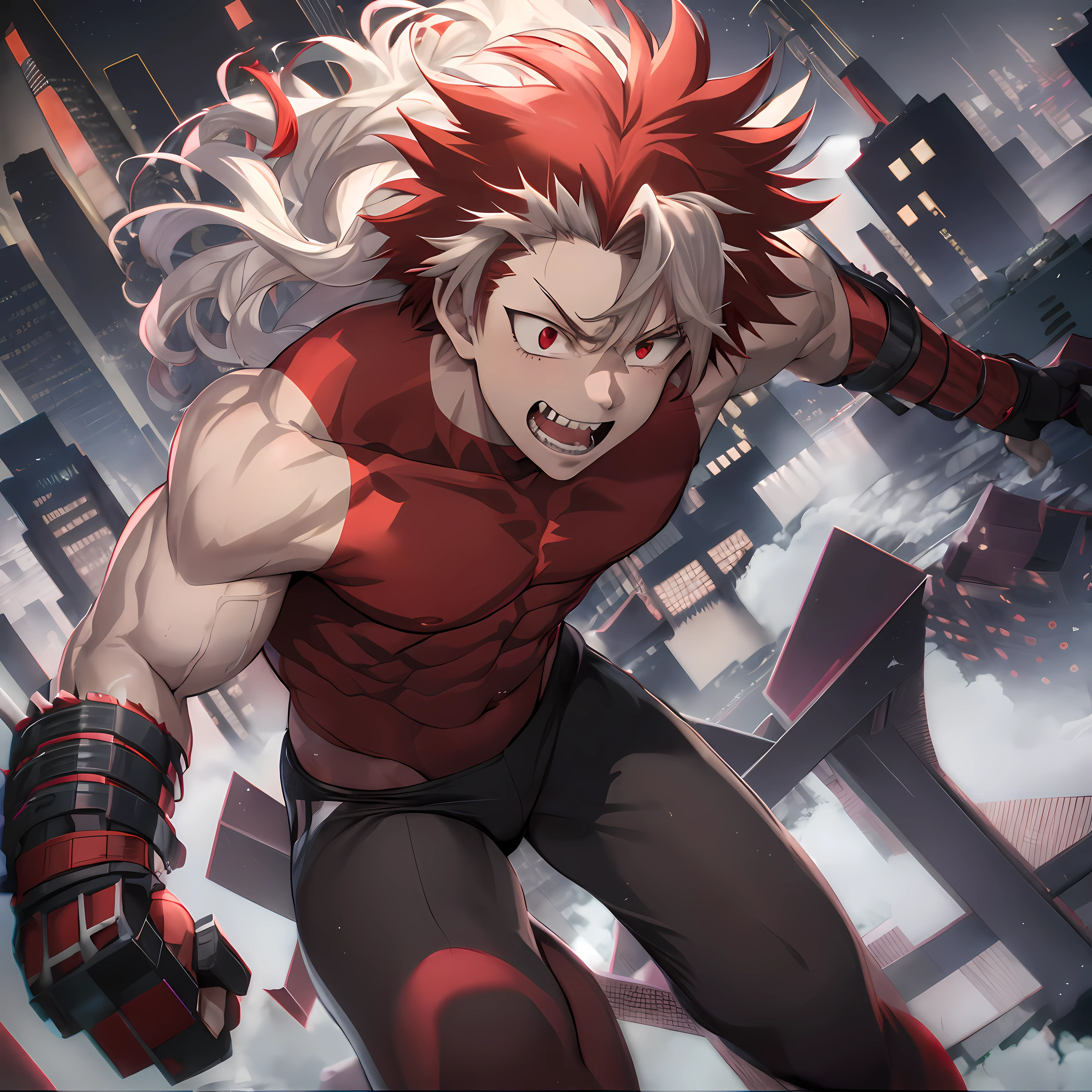 horikoshi kouhei, 1boy, absurdres, bare shoulders, red and white hair, Cityscape background, boku no hero academia, chama kou, highres, male focus, muscular, muscular male, gritted teeth, red eyes, long hair, Fluffy hair, sleeveless,