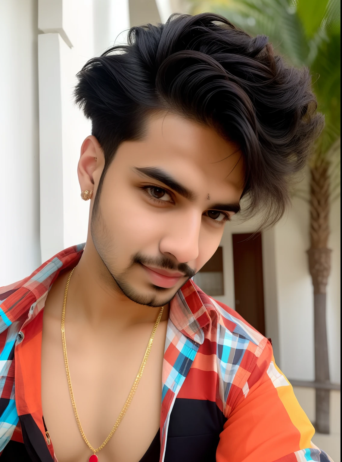 Cute Selfie, 20 years old man, indian, handsome look, stylish black hair, neckless, real face, 8k, original face, natural face,