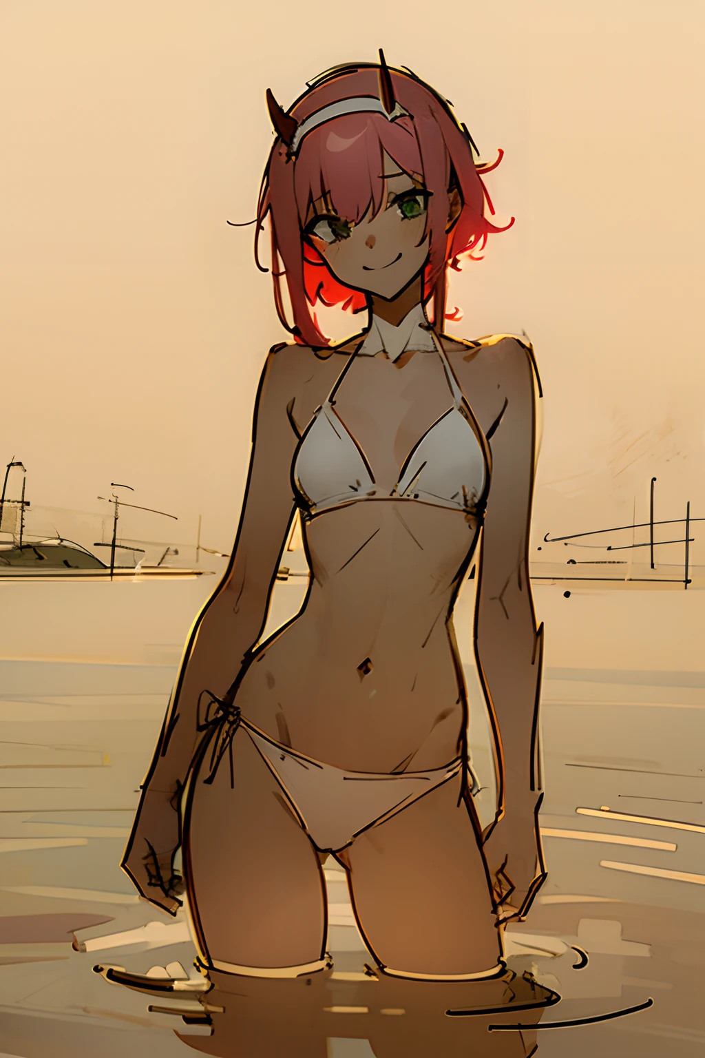(Rough sketch:1.5), (flat colors:1.1), Zero Two, white bikini, warm smile, standing in water, secluded lake, alluring, good anatomy
