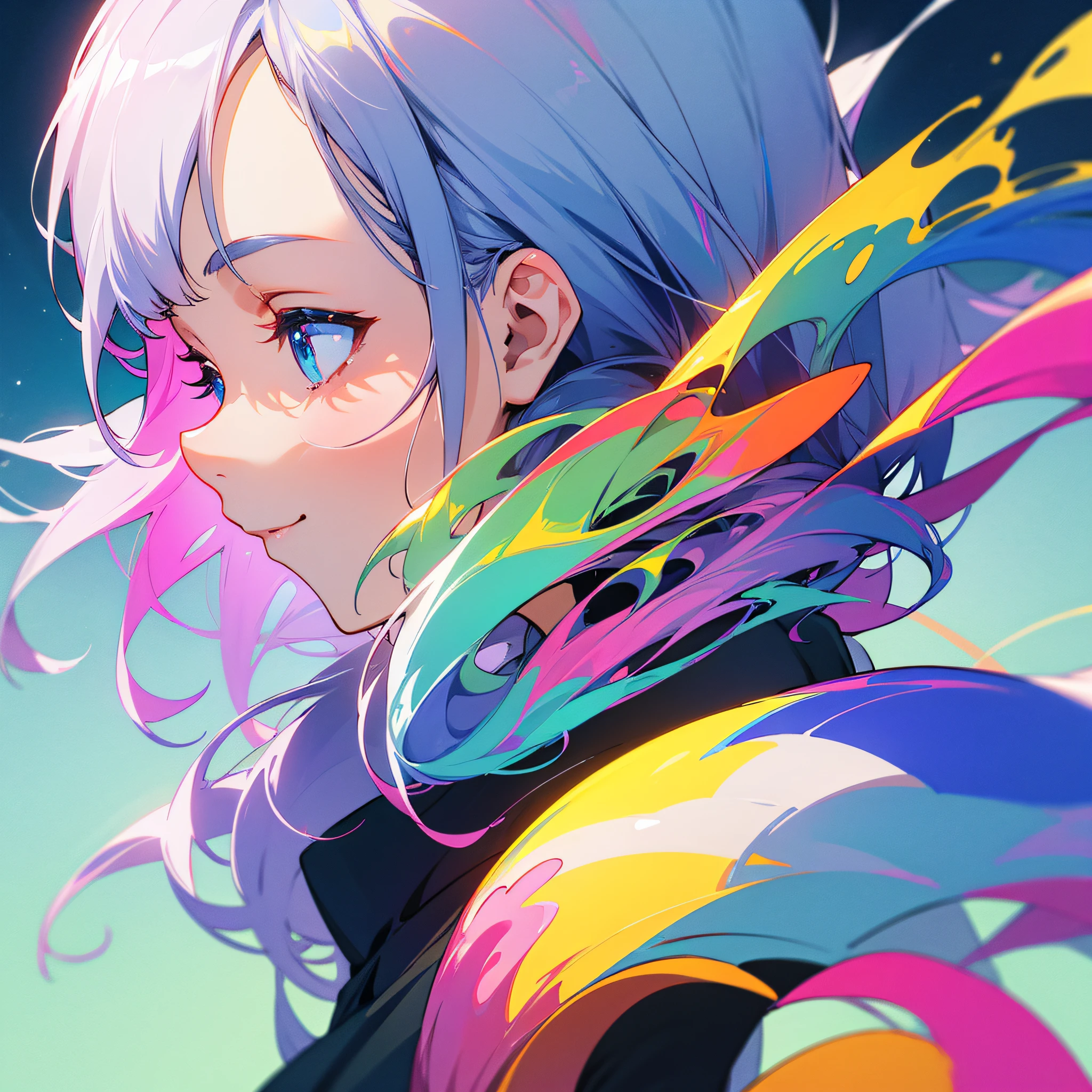 masterpiece、top-quality、4K、1girll、profile、illustratio、colourfull、white backgrounid、enticing、Colorful、Smile、silber hair