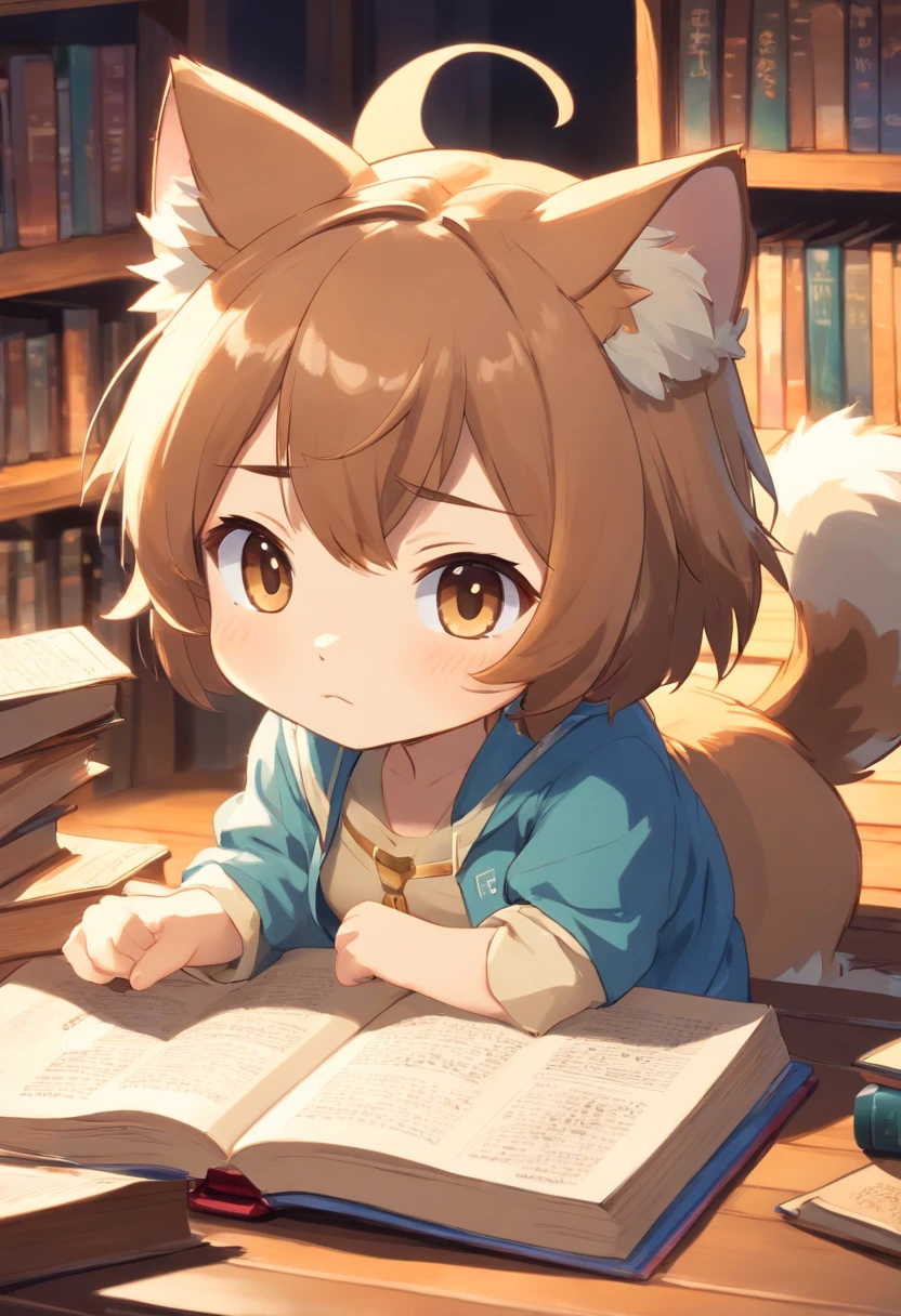 A 2D chibi character of a light brown European cat with white breast reading a book