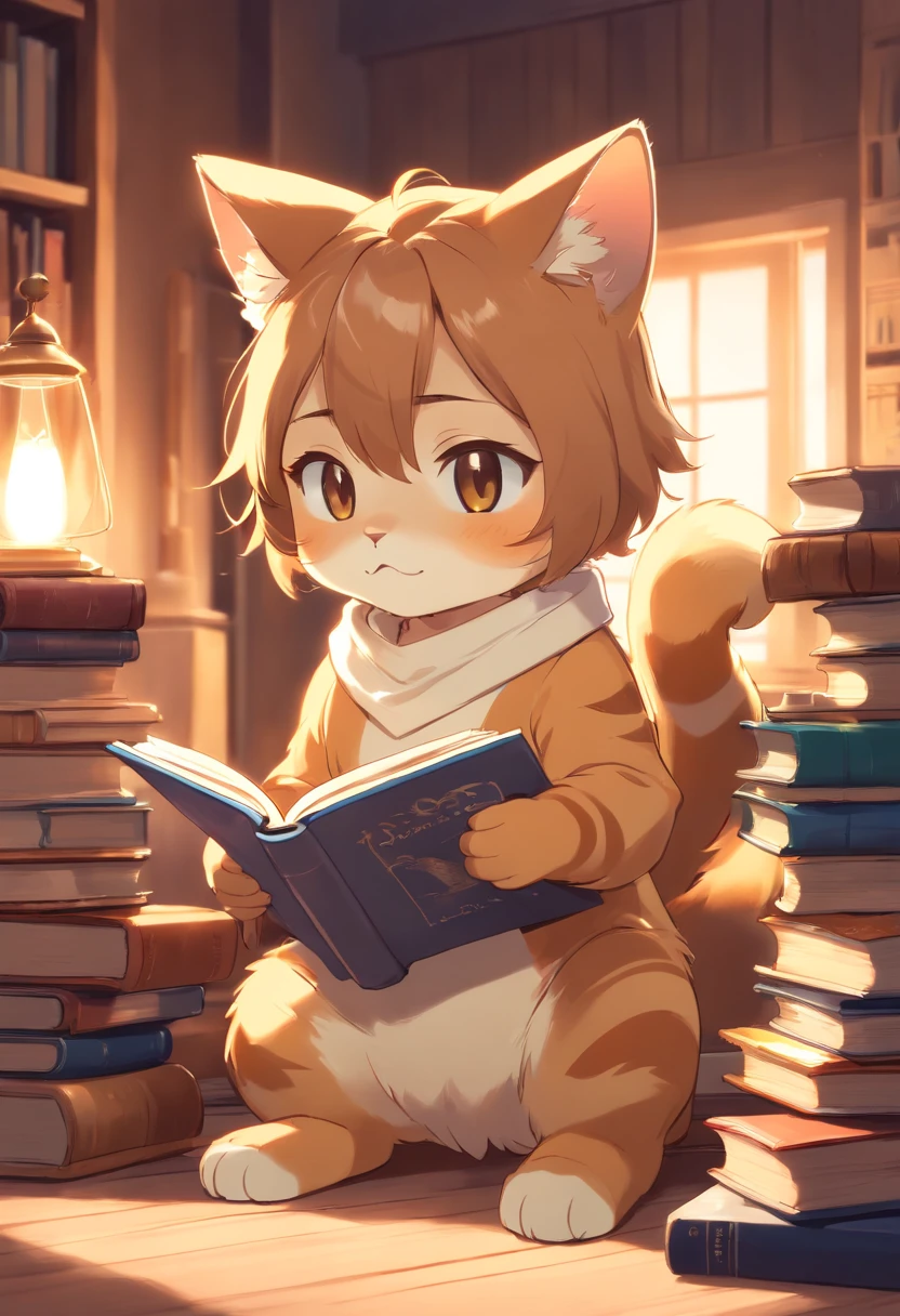 A 2D chibi character of a light brown European cat with white breast reading a book