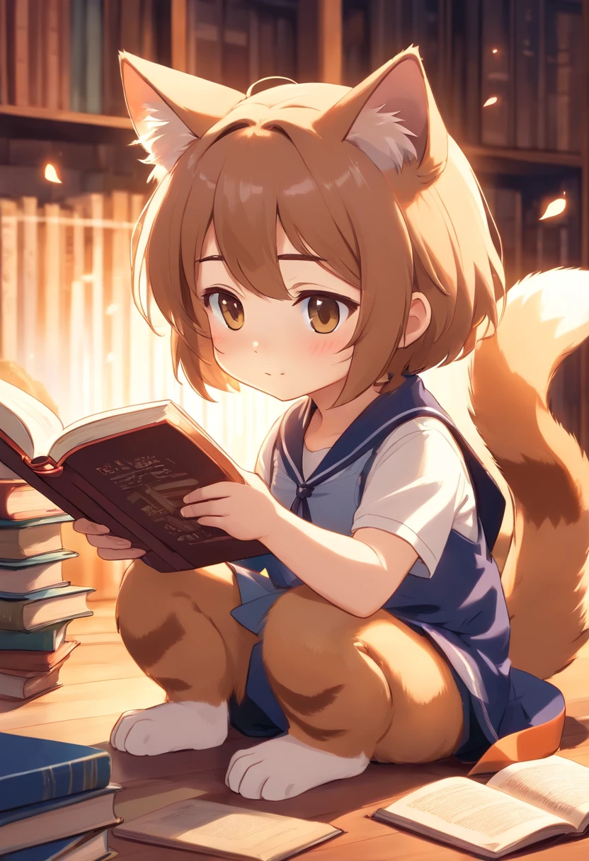 A 2D chibi character of a light brown European cat with white breast reading a book