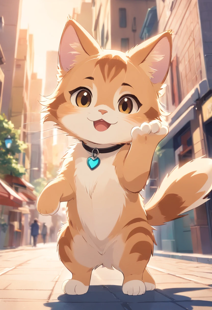 A 2D chibi character of a light brown European cat with white chest waving