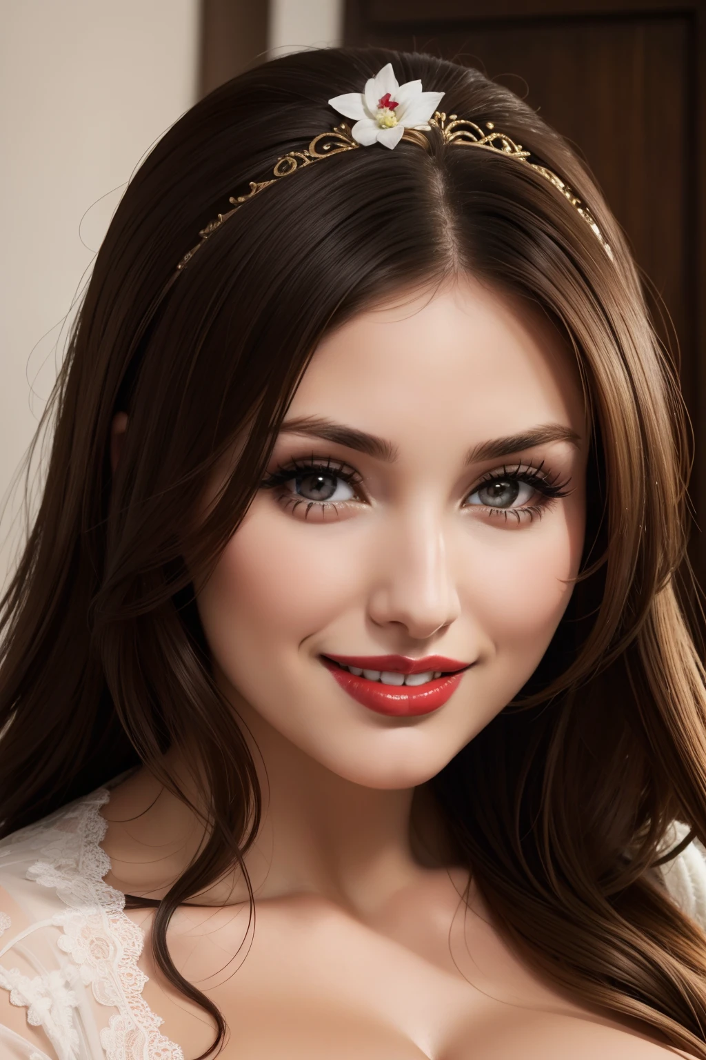 lucy pinder, face portrait, smiling, cleavage, red lipstick, bride,