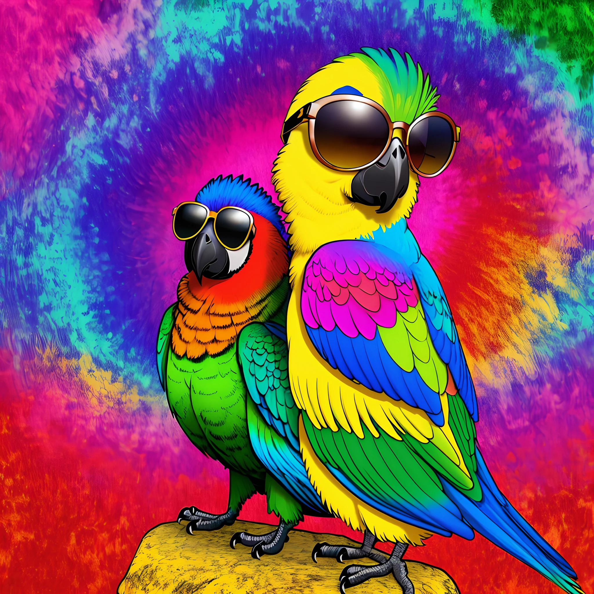 Parrot in Hawaiian shirt with sunglasses with psychedelic colors