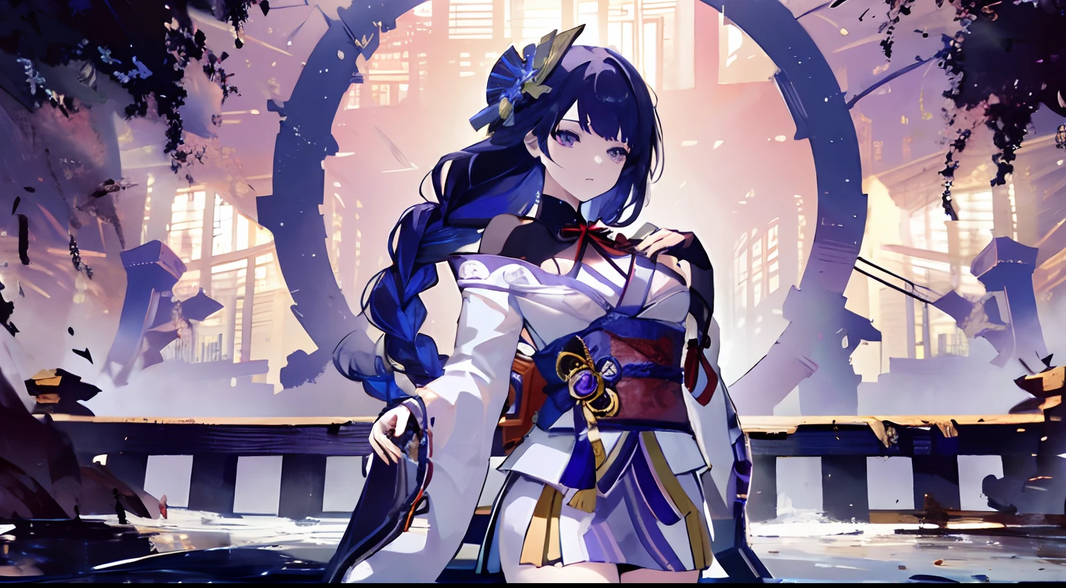 ganyu\(genshin impact\), 1girl, ahoge, architecture, bangs, bare shoulders, bell, black gloves, black tights, ((blue hair)), blush, breasts, chinese knot, sleeve, East Asian architecture, flower knot, gloves, horn, long hair, looking at the audience, mid-chest, neckbell, night, outdoor, pantyhose, purple eyes, sideburns, solo, tassels, white sleeves, ((masterpiece))