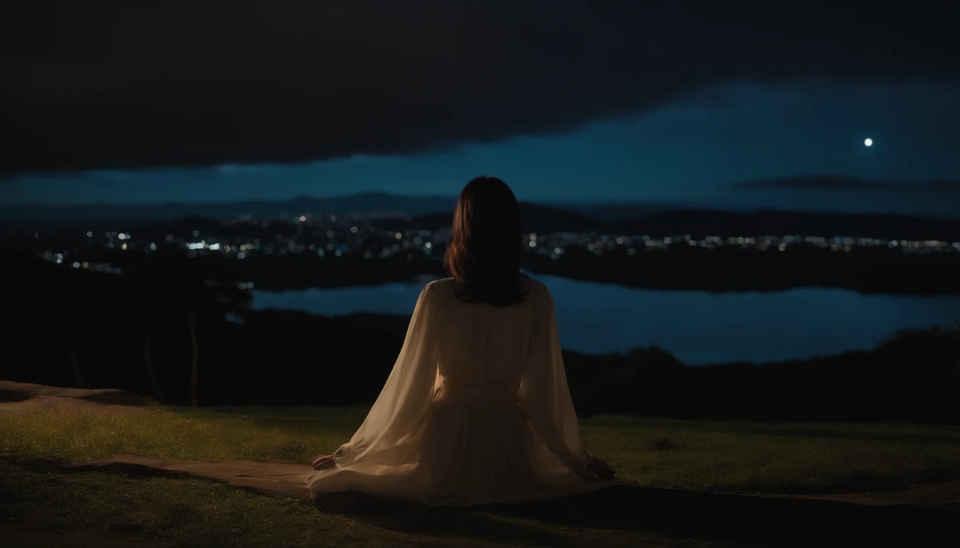 nigh sky、Beautuful Women、ultra res、4K、stele、japanes、Beauty is sitting on a hill facing backwards and looking at the stars in the night sky、Soio、Hairstyle is long straight、realistic footage、Shot from a distance、Japan Person Model、You can almost see the night sky.、