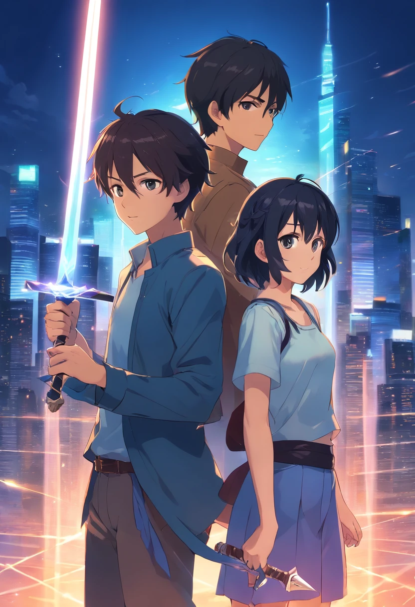 anime, woman and man, two people, full body, black hair, short hair, curly hair, Sword art style anime online
