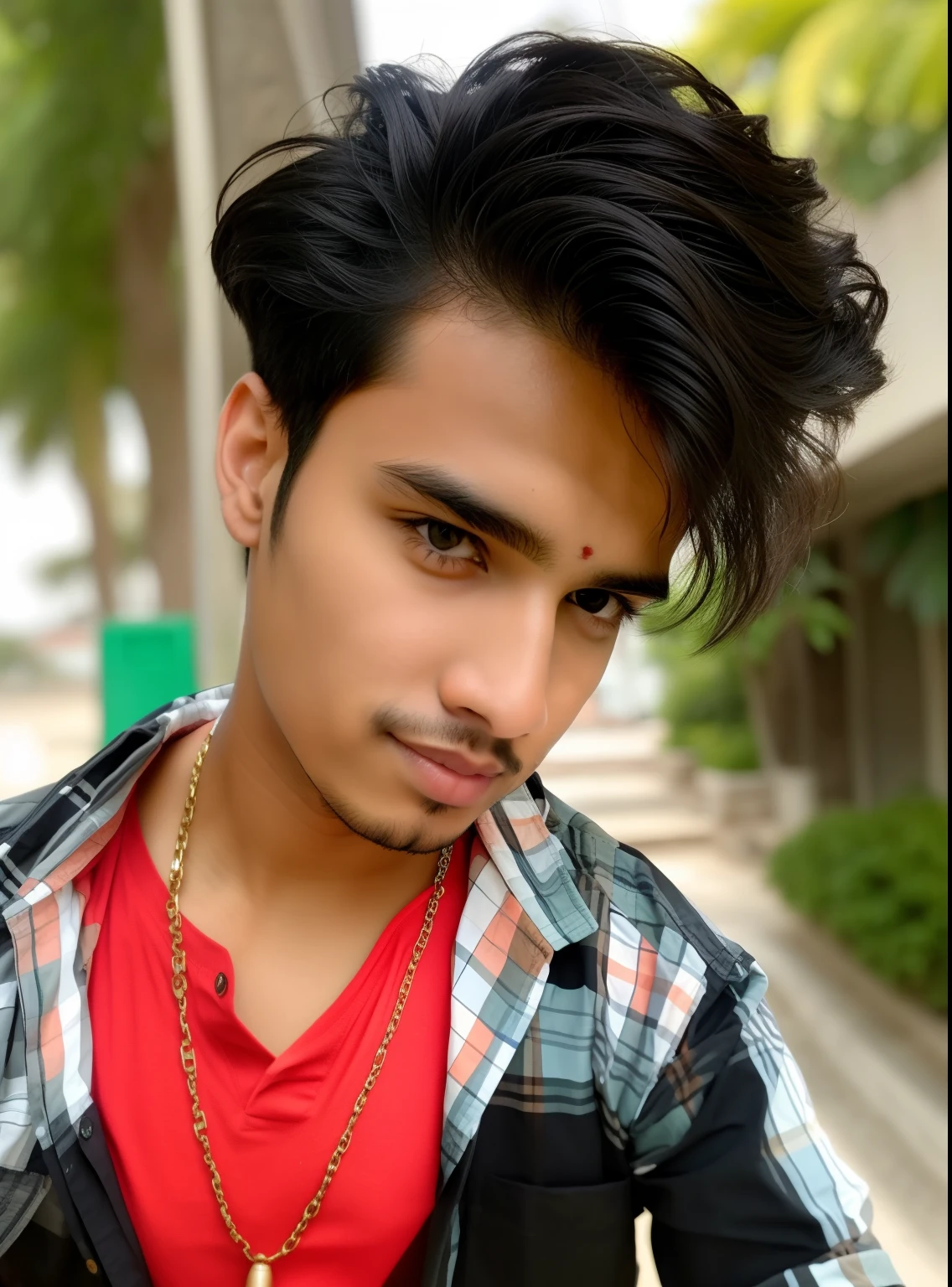 Cute Selfie, 18 years old boy, Bangladeshi, handsome look, stylish black hair, neckless, Natural face, real face, Best quality, 8k