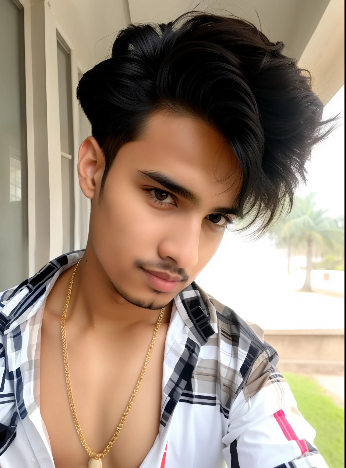 Cute Selfie, 18 years old boy, Bangladeshi, handsome look, stylish black hair, neckless, Natural face, real face, Best quality, 8k