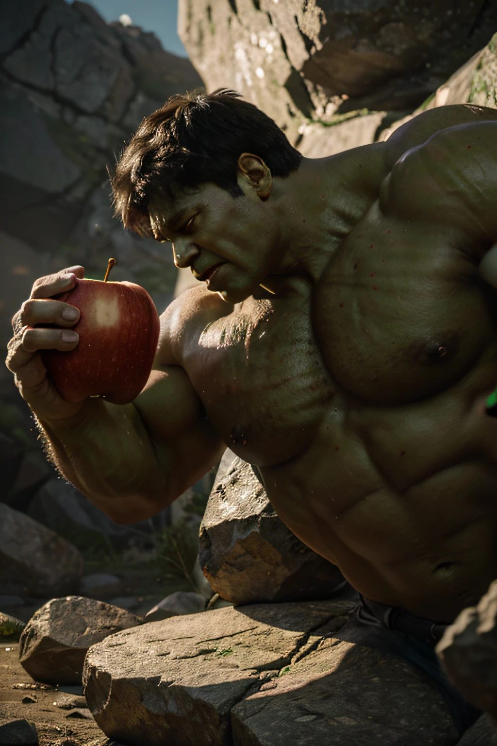 Hulk is in a scenario with big rocks holding in his hand a giant red apple 8K Photo
