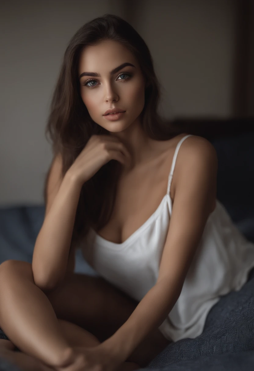 Arafed woman completely , fille sexy aux yeux bruns, ultra realist, Meticulously detailed, Portrait Sophie Mudd, dark brown hair and large eyes, selfie of a young woman, on the sofa, Violet Myers, sans maquillage, maquillage naturel, looking straight at camera, Visage avec Artgram, Maquillage subtil, Great photo of the whole body kneeling on the bed, dans la chambre, medium to large bust breasts