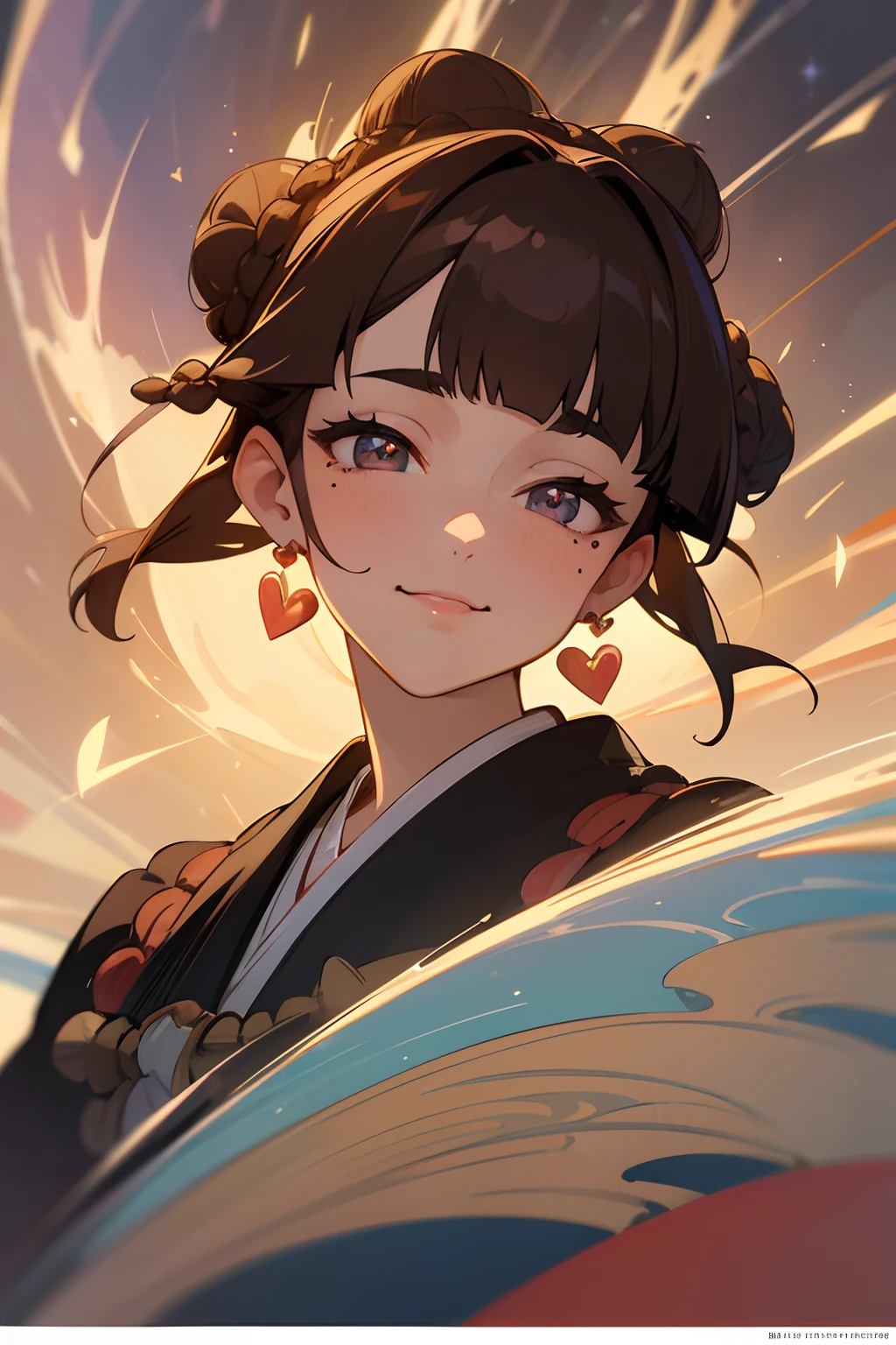 brown hair, blunt bangs, braided bun, medium hair, mole under eye, heart-shaped pupils, earrings, smile, Surrealism, rococo style, high detail, Cubist Futurism, Monet, Ukiyo-e, anime style, cinematic lighting, sparkle, wide shot, UHD