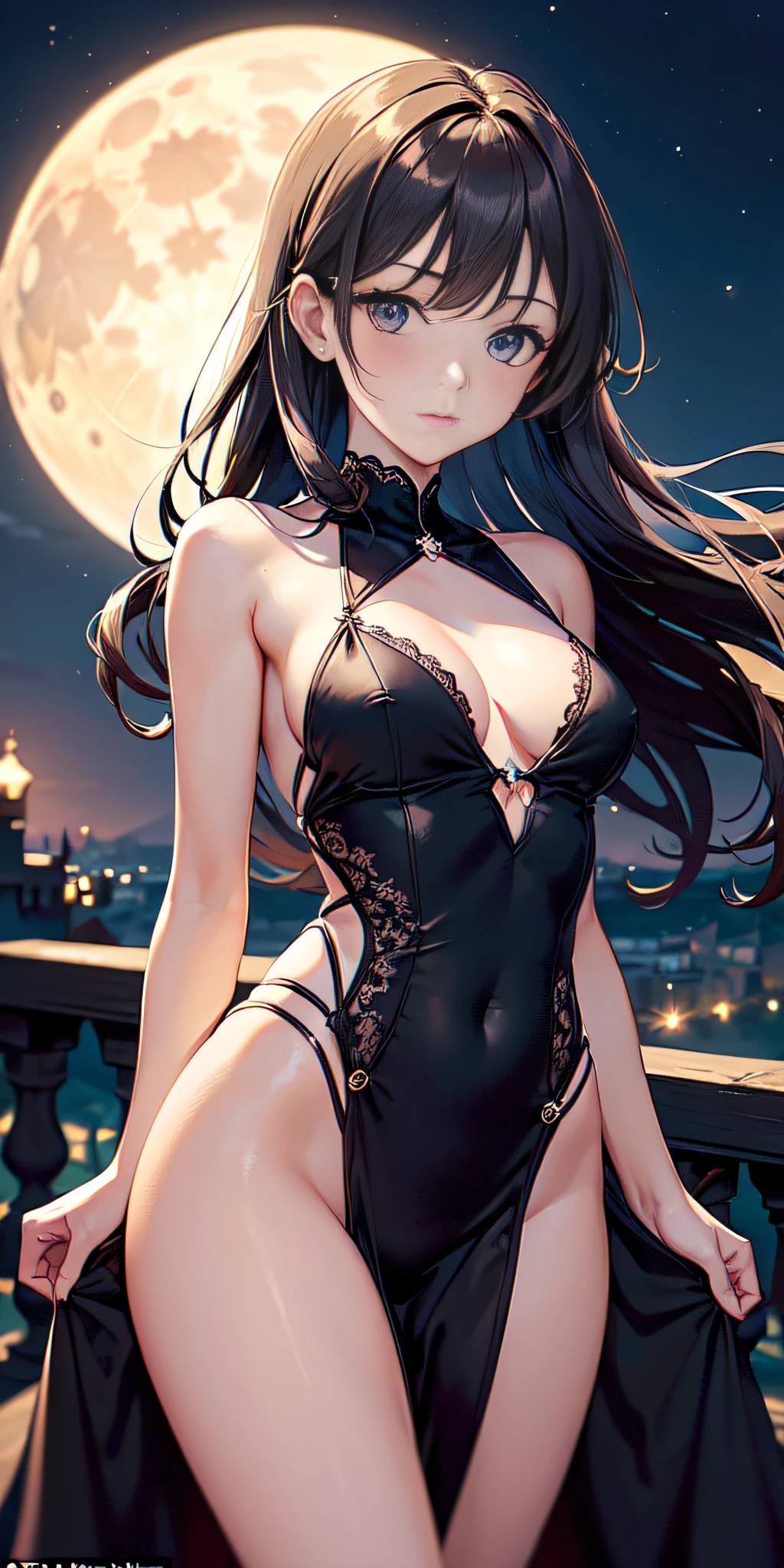 Cowboy Shot, ((Masterpiece)),Best Quality,(Dreamy atmosphere with dim lighting), (Only 1 woman), (Hungarian woman with slim and perfect body and 19 years old), (Mysterious expression and elegant poses) , (Hair loose on shoulders, big eyes), ((0% evening dress: (magical low-cut, with bare hips, thigh and leg, Delicate details))), Intricate details, ((dark night)), Night pleasant on the balcony of a castle and a splendorous moon, Lunar illumination,((((100% ))))