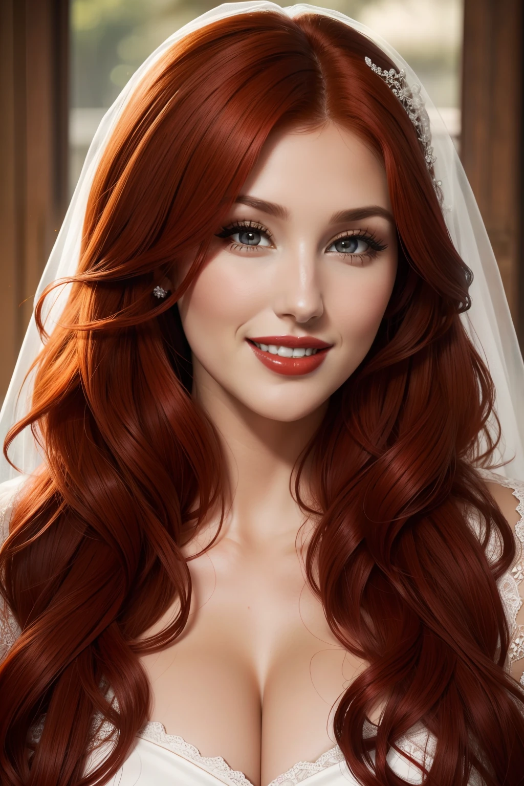 lucy pinder, face portrait, smiling, red hair, red lipstick, curly hair, Bride
