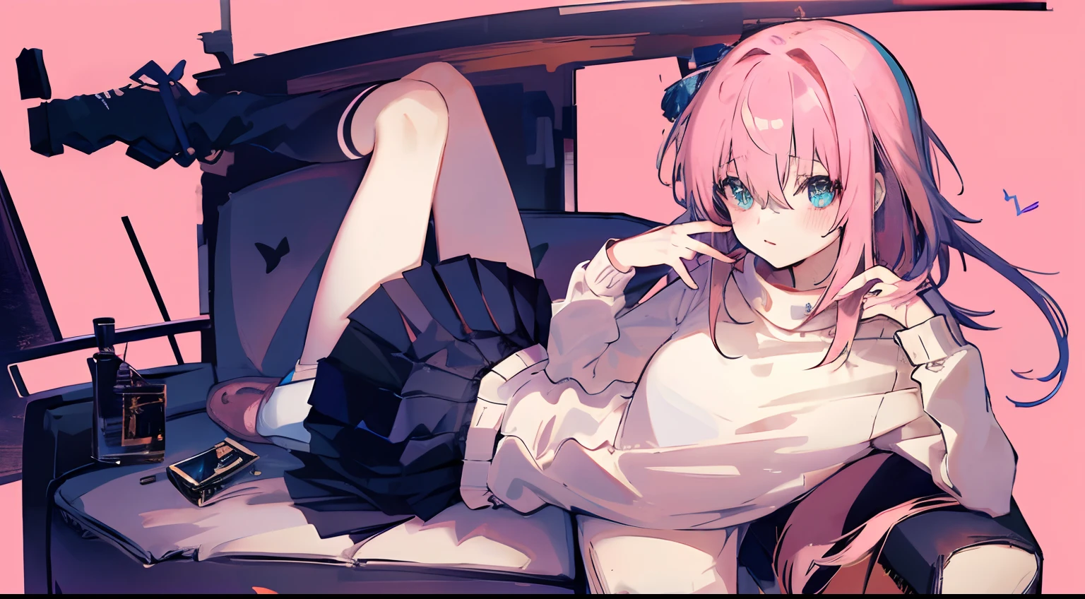 Illustration, UHD, retina, masterpiece, accurate, anatomically correct, super detail, high details, high quality, award winning, best quality, highres, good anatomy, 1080P, HD, 4K, 8k, 16k, 1girl, dynamic pose, androgynous, detailed eyes, detailed clothes, detailed hair, rendering, strands of hair, cute waifu, hitori gotou, bangs, locks, light pink hair, blue eyes, wearing a pink tracksuit, wearing a black pleated micro skirt, bare legs, blushing, sweater, at the left of the screen, pink background, white stripe going across the background