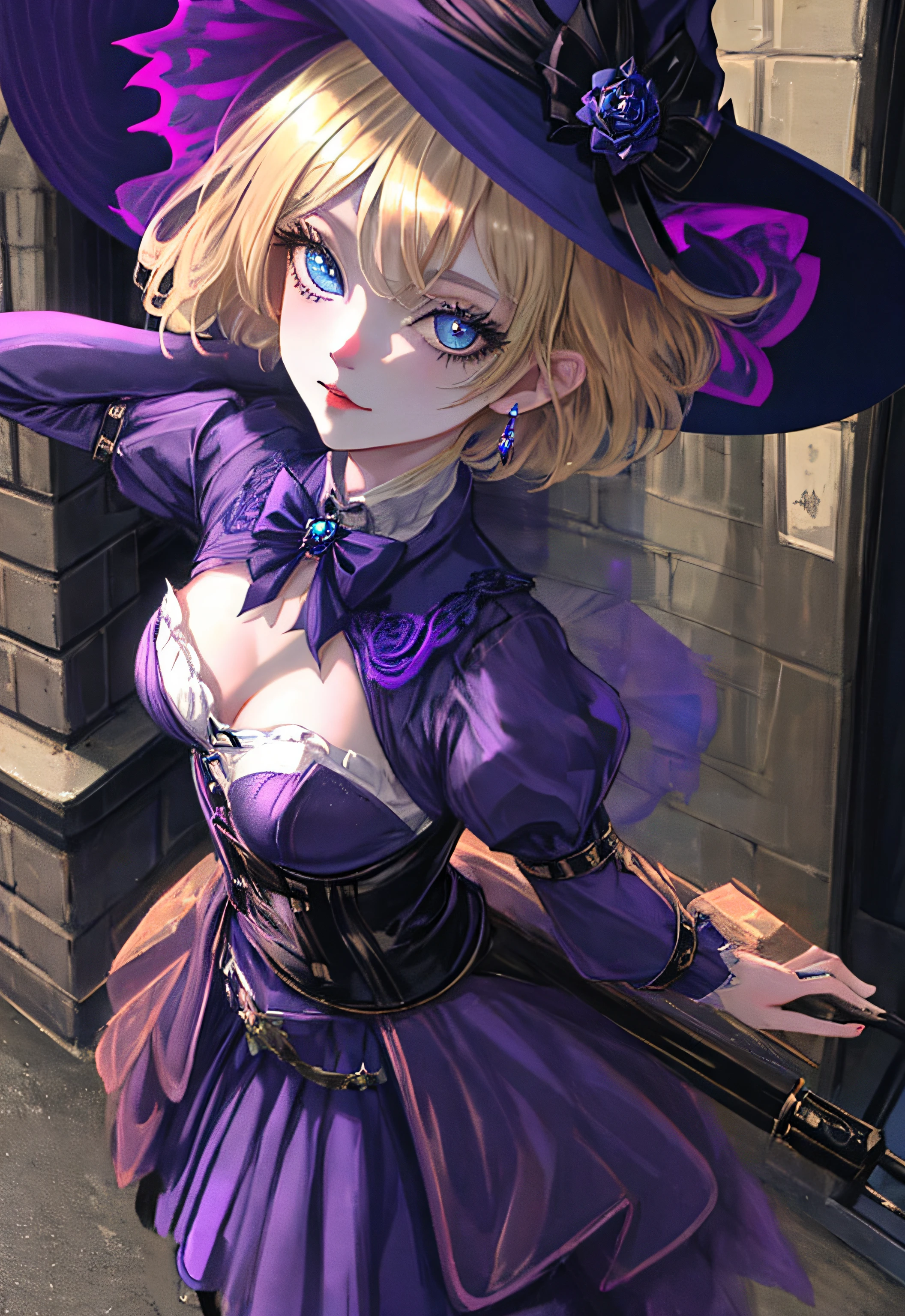 top angle view, Short girl, short blond hair, gothic purple witch cosplay, beautiful blue eyes, skinny, low smile, into the street environment, little witch hat, cleavage, small waist, beautiful detailed eyes, focus on face, fisheye effect camera