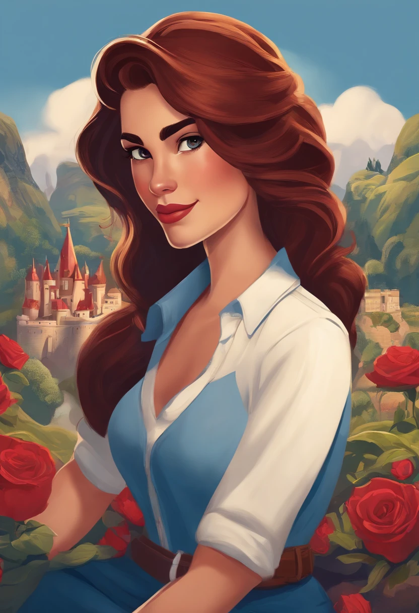 Personagem feminino de corpo inteiro estilo disney pixar cabelo vermelho ruivo e liso vestida com camiseta polo azul escuro