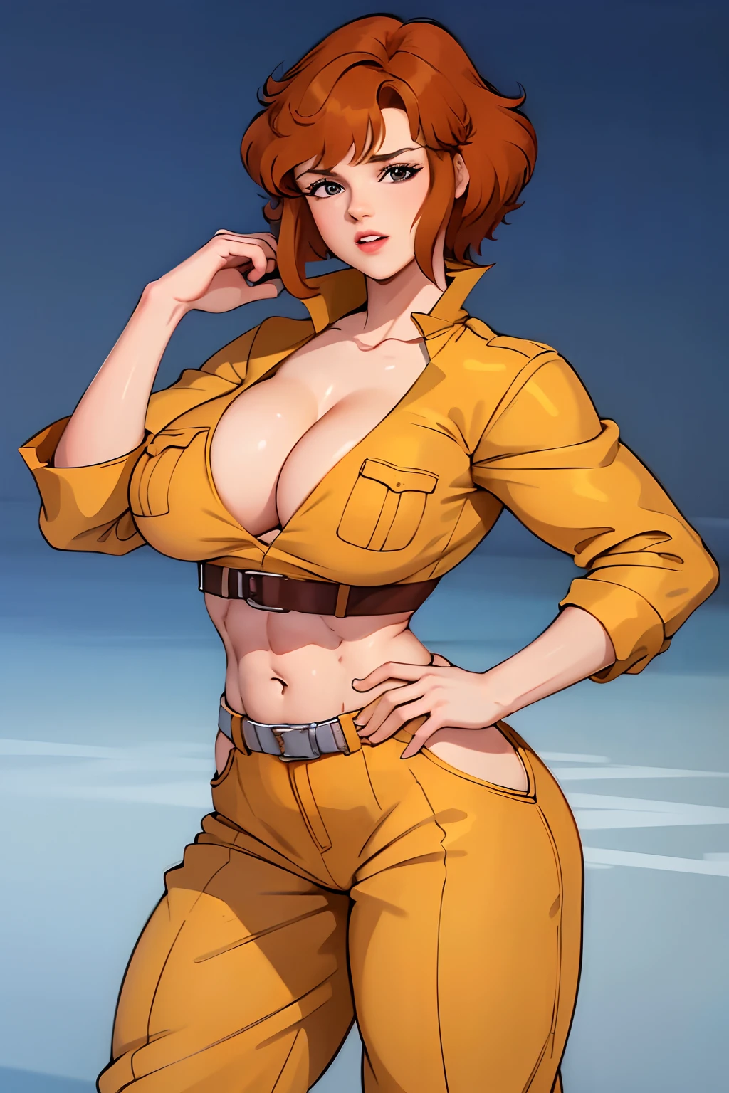 Cowboy shot, 1980s \(style of\), 1girl, Very muscular girl, brown hair, orange hair, retro artstyle, Short hair, Yellow jumpsuit, Hip jumper suit, hyper biceps, wide hips, cleavage