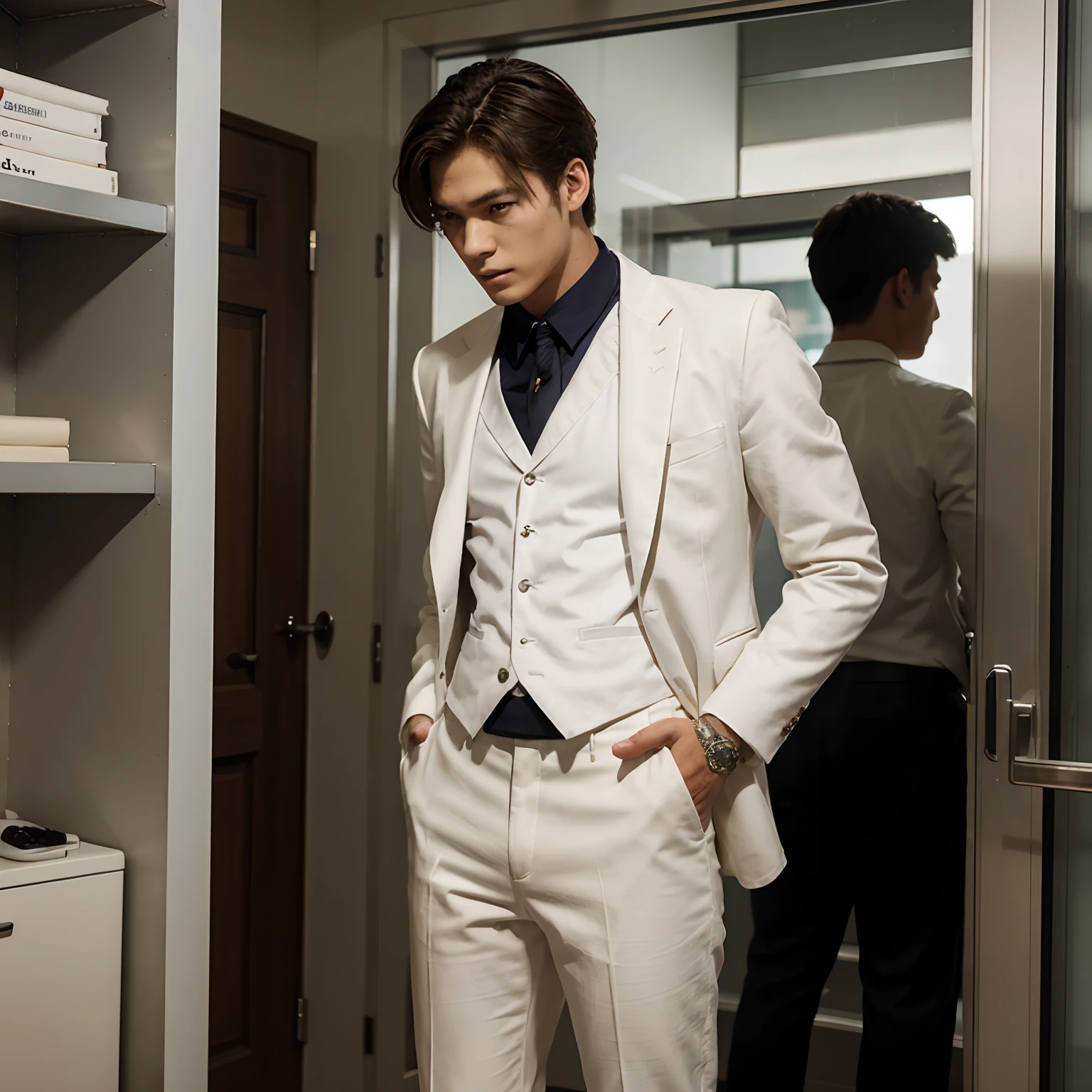 white suit、Strange thieves、High school students、167cm、Type B、gentleman、Slim Fit Pants、cinematic shot、finely detailed background、1 male