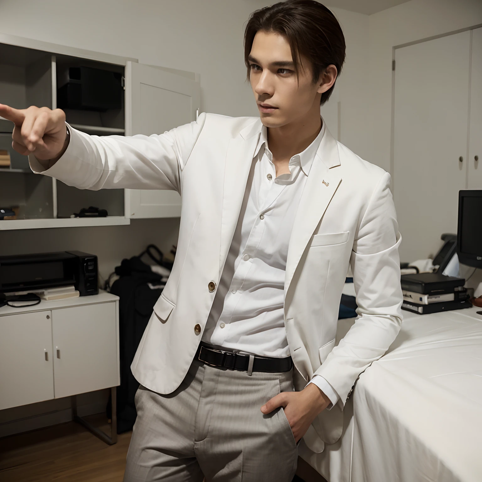 white suit、Strange thieves、High school students、167cm、Type B、gentleman、Slim Fit Pants、cinematic shot、finely detailed background、1 male