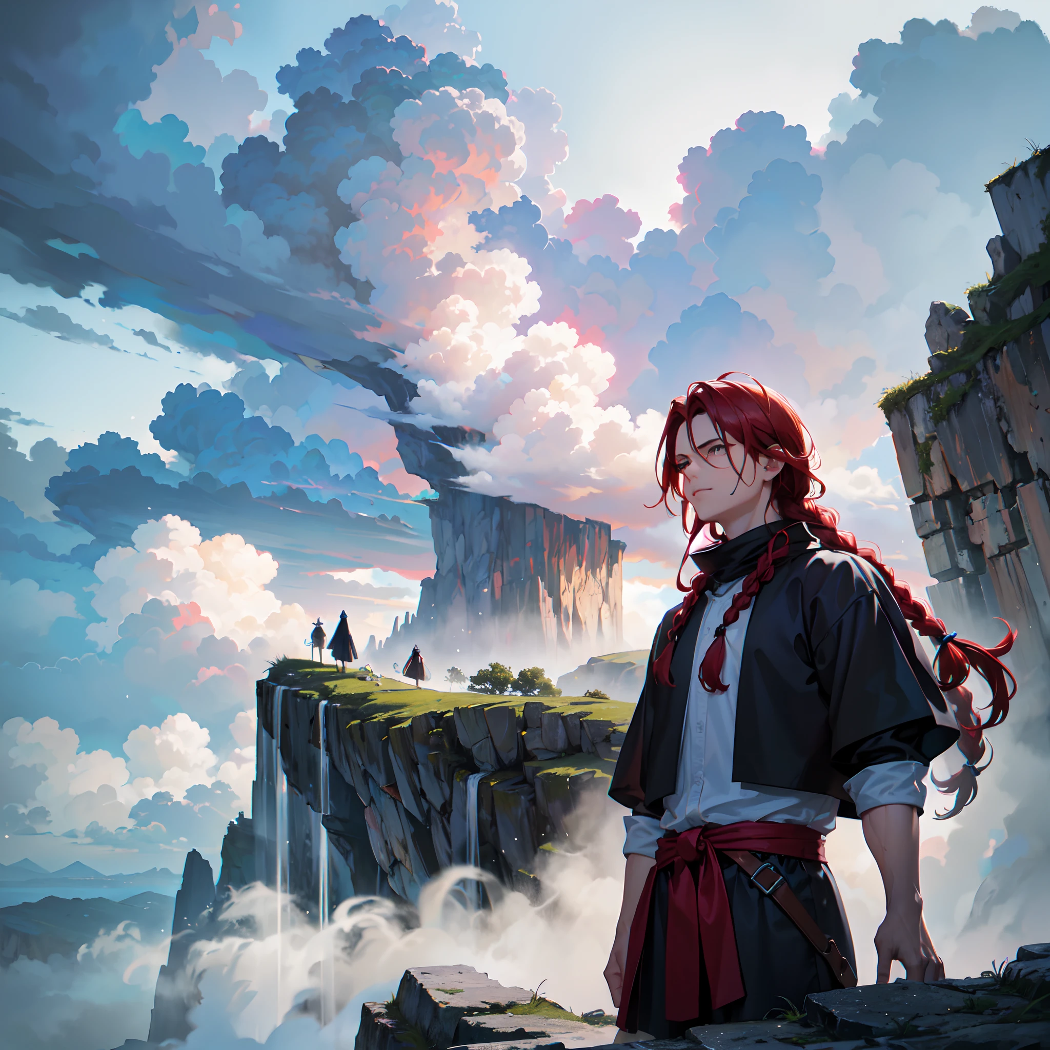 (best quality,ultra-detalhado),(Realistic:1.37),jovens,adolescente,red head,Manto azul, olhos verdes,Cabelos Longos,braid hair,macho,rosto detalhado,livro antigo,Standing on a cliff,overlooking a mystical landscape,etherial lighting,magical aura,estilo de fantasia medieval,tempestuous sky,cachoeiras em cascata,cores vibrantes,Ominous clouds,personagem masculino,olhando para cima, serious face,without cap,little smile