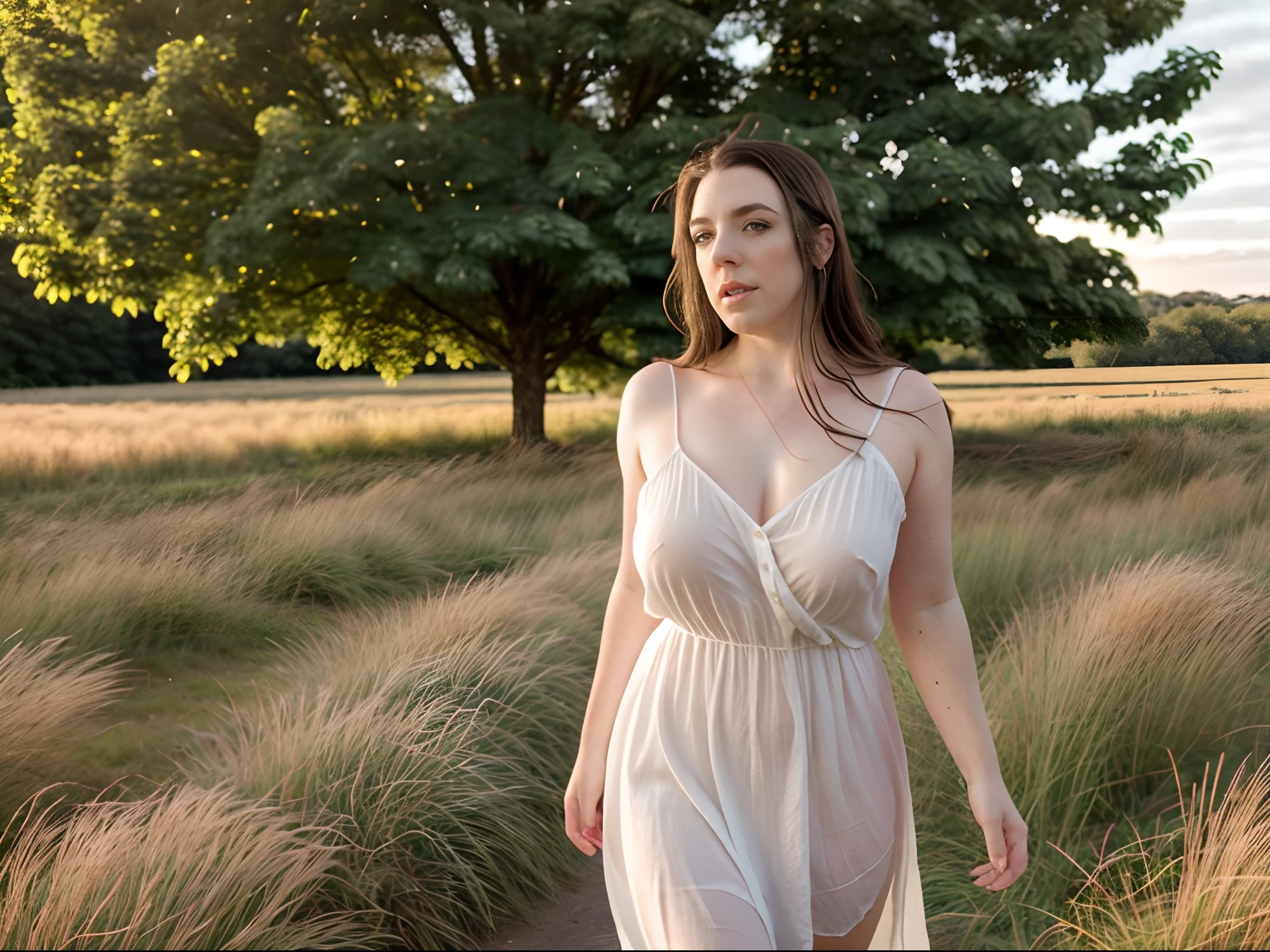hyper-realistic photo of Angela White, (wearing a short, flowing white linen dress), in a lush green field, natural light, natural lighting ((late afternoon sunlight)), soft shadows, vibrant colors (Fujifilm Film C200 35mm) ((lomography))