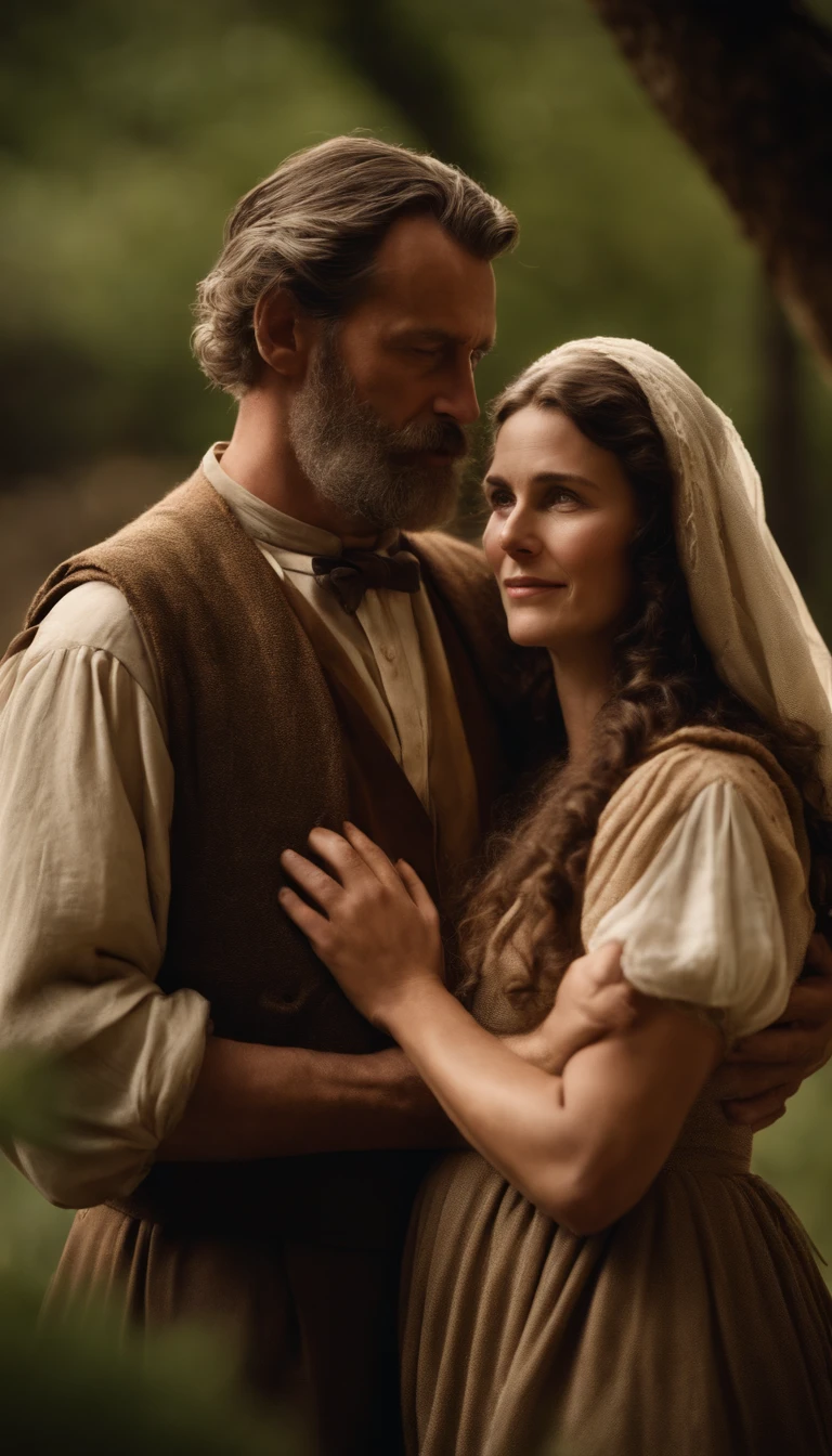 Old Abraham embraced his wife Sarah in the twentieth century.C , with period clothes,Biblical characters from the New Testament of the Bible,