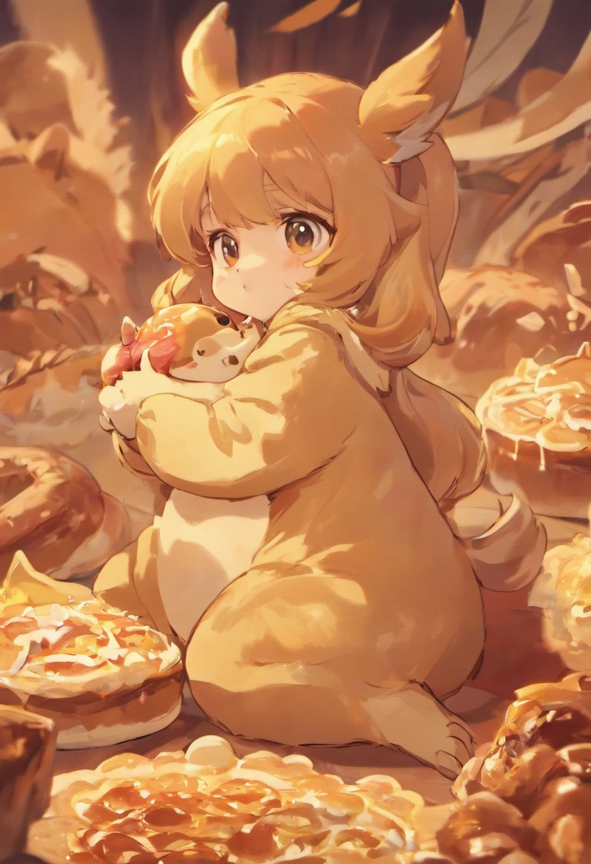A baby animal deer, , absolutely adorable, eating a cinnamon roll. Drawn like Disney