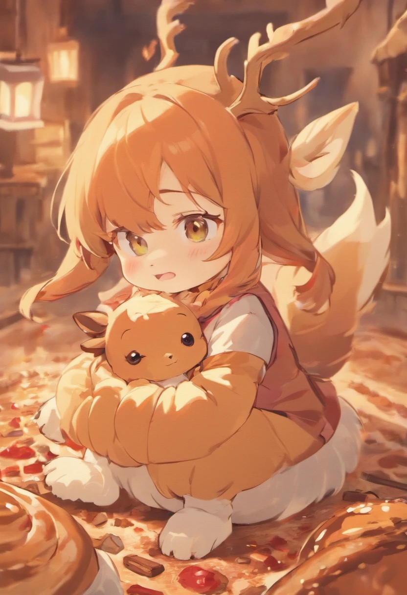 A baby animal deer, , absolutely adorable, eating a cinnamon roll. Drawn like Disney