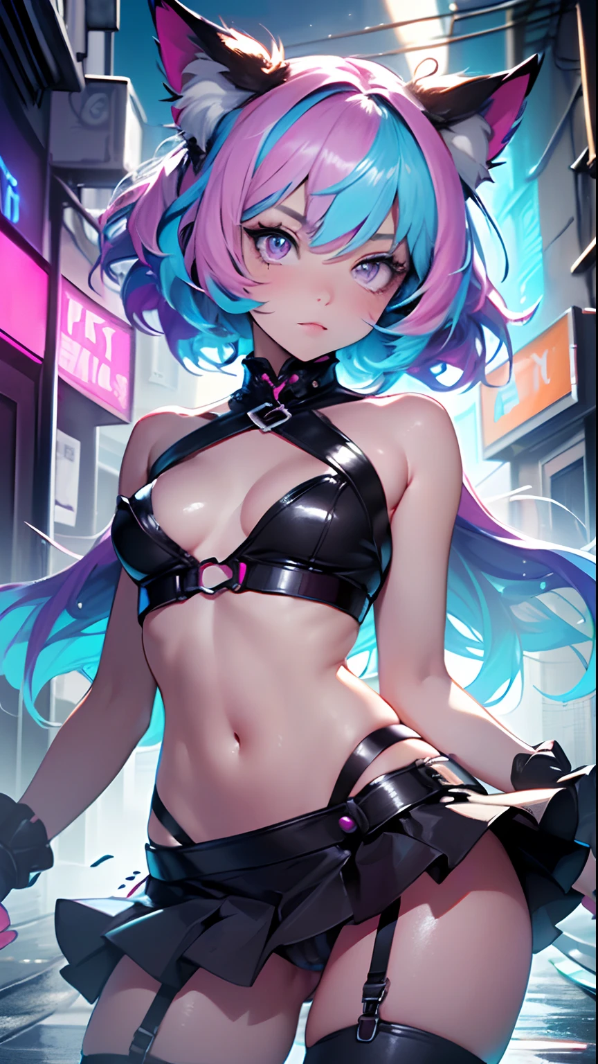 cute little cartoon loli,(((little li,small tiny body,petite))),(((6 ye),((extremely cute and beautiful liquid paint hair haired anime girl walking down the street)), Fox ears, Fox tail,

(((flat chest))),saggy breasts,short hair,(((liquid paint hair:1.1, neon purple hair|neon pink hair|neon blue hair|neon aqua hair|purple hair|fuchsia hair|fluorescent blue hair|amethyst hair|neon hair|bright pink hair :1.5,bright hair: 1.3,hair made of paint and defies gravity,thick flowing,paint splatter:1.3,shiny hair: 1.3,vibrant colors))),((heterochromia,eye1 purple,eye2 pink,upturned eyes:1.3,perfect eyes,beautiful detailed eyes,rainbow glows ultra-detailed deep pink purple eyes:1.1,gradient eyes:1,finely detailed beautiful eyes:1,symmetrical eyes:1,big highlight on eyes:1.2)),((fat)),(((lustrous skin:1.5,bright skin: 1.5,skin tanned,shiny skin,very shiny skin,shiny body,plastic glitter skin,exaggerated shiny skin))),(spider lower abdomen,narrow waist,wide hip,athletic body,inflated legs,delicate detailed fingers,detailed body,detailed arms,human hands,detailed hands,),

cute,slutty,seductive,erotic,(((nsfw))),

revealing clothing,show skin,(wearing a Neon color theme clothing:1.3),micro clothes,little clothing,fluorescent and neon clothing,rave fashion,micro crop top,micro skirt,visible thong straps,accessories LED,(detailed outfit,detailed clothes),

(dynamic pose:1.0),solo focus,embarrassed,centered,scale to fit dimensions,Rule of thirds,

outdoors,((night view)),(cyberpunk night street Background: 1.5,dark sky,alleyway,lonely alley,thick clouds,detailed background:1.25),

(best quality),(high resolution),(sharp focus),(ultra detailed),(extremely detailed),(extremely high quality artwork),8k_wallpaper,(extremely detailed CG 8k),(very fine 8K CG),((hyper super ultra detailed perfect piece)),flawless,(((masterpiece))),illustration,vibrant colors,(intricate),High contrast,Selective lighting,Double exposure,HDR (High Dynamic Range),Post-processing,Background blur,