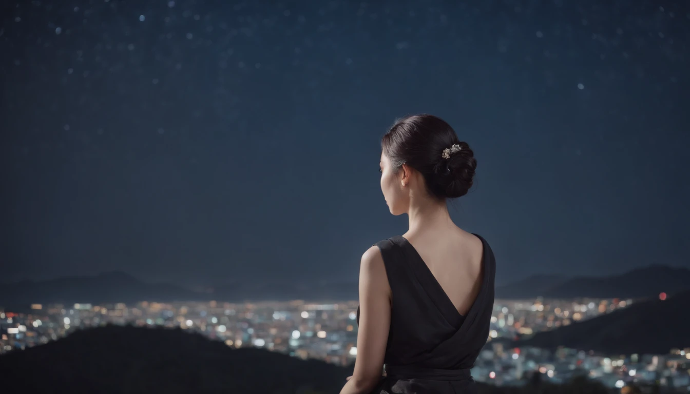 Young Japan beauty sitting on a hill with straight black hair tied back、nigh sky、stele、Facing backwards、Looking at the night sky、The stars are beautiful、