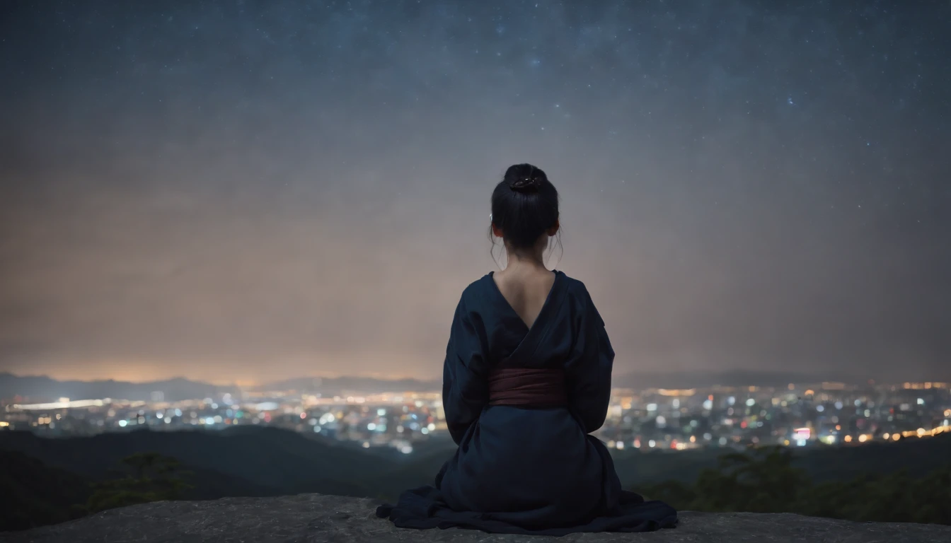 Young Japan beauty sitting on a hill with straight black hair tied back、nigh sky、stele、Facing backwards、Looking at the night sky、The stars are beautiful、