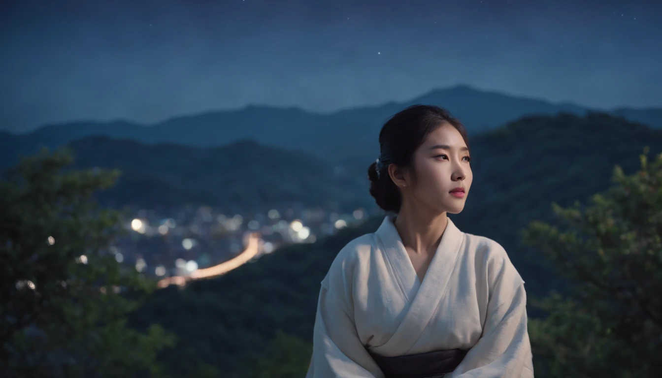 Young Japan beauty sitting on a hill with straight black hair tied back、nigh sky、stele、Facing backwards、Looking at the night sky、The stars are beautiful、