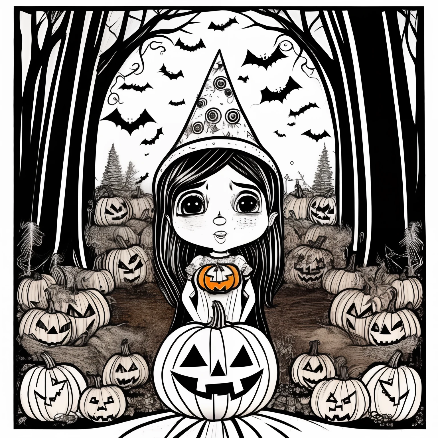 (halloween woman in the forest with pumpkin lamp on hand), COLR_001, intricate, cute, simple, white background, black and white, thin lines