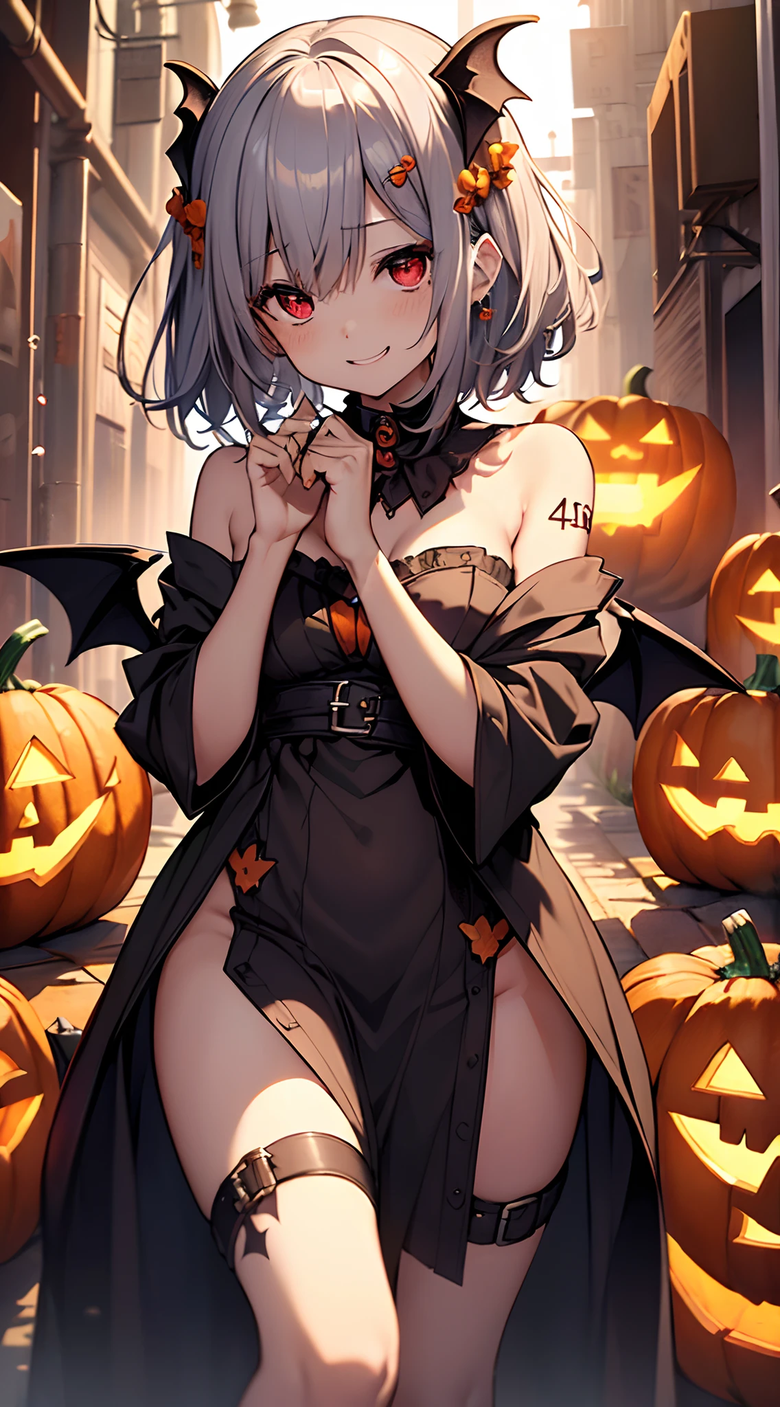 top-quality、Top image quality、in 8K,4K,masterpiece、(NSFW:1.1)、ultra-detailliert、Beautiful、ultra-quality、adult-like、Cool、girl with(((18year old、Dresses with slits、、Bust 78、silber hair、a short bob、Red Eyes、demonic wings、erotick:1.4、Happiness、 jack-o-lanterns、The tattoo)))、hiquality、visualart、Background with((Halloween 1.3、Slightly darker))、masutepiece
