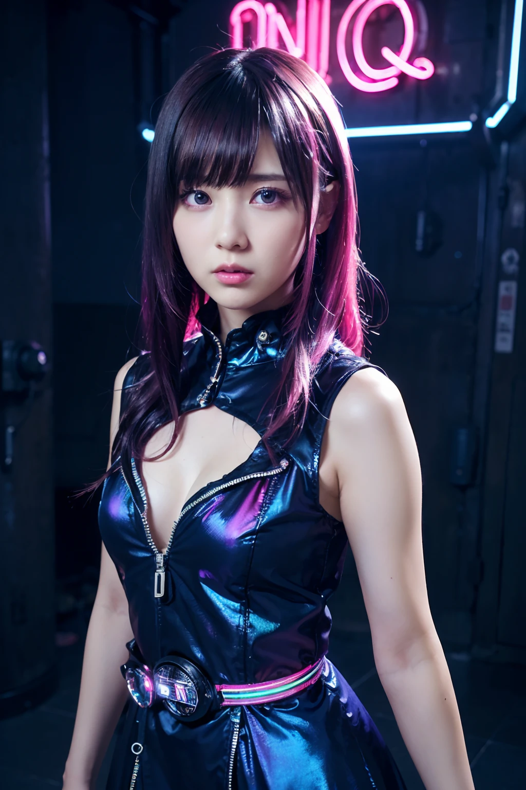 ((masutepiece)), ((Best Quality)), (Ultra-detailed), ((Extremely detailed)), 4K, (8K), Best Quality, (Beautiful), Dynamic Angle 0, Cute little girl s, 1girl in, Solo, Steampunk, Dress like neon, beautiful iridescent hair, Beautiful iridescent eyes, ((Beautiful eyes))0, Luminous Eyes, Cool, Neon light, Neon Town