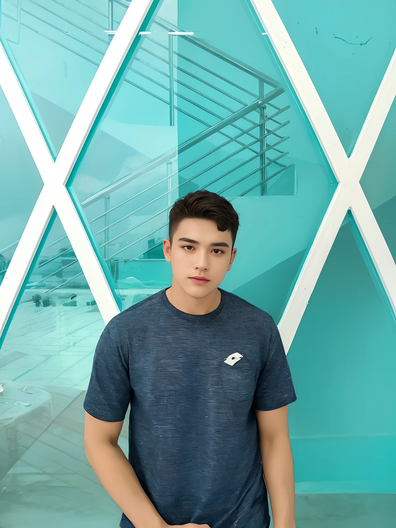 best quality, masterpiece, (photorealistic:1.4), 1boy, solo, short hair, big eyes, white t-shirt ,long sleeves, upper body, dramatic lighting, looking at viewer,(hands behind back:1.2), standing, indoors, living room, tables, carpet, wooden floor, decorations, window, sunshine
