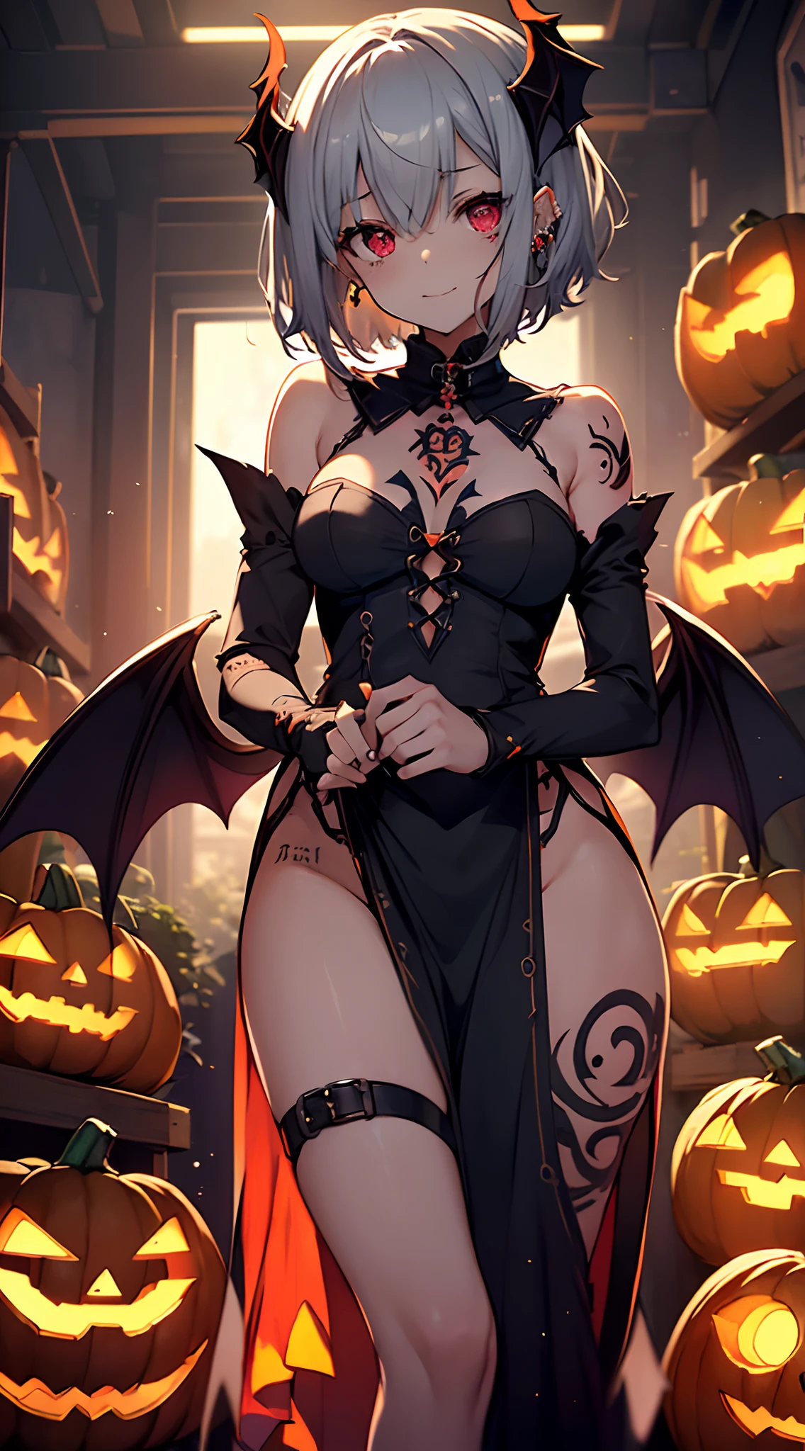 top-quality、Top image quality、in 8K,4K,masterpiece、(NSFW:1.1)、ultra-detailliert、Beautiful、ultra-quality、adult-like:1.2、Cool、girl with(((18year old、Dresses with slits、、Bust 78、silber hair、a short bob、Red Eyes、demonic wings:1.2、erotick:1.4、Happiness、 jack-o-lanterns、The tattoo)))、hiquality、visualart、Background with((Halloween 1.3、dark ambiance))、masutepiece